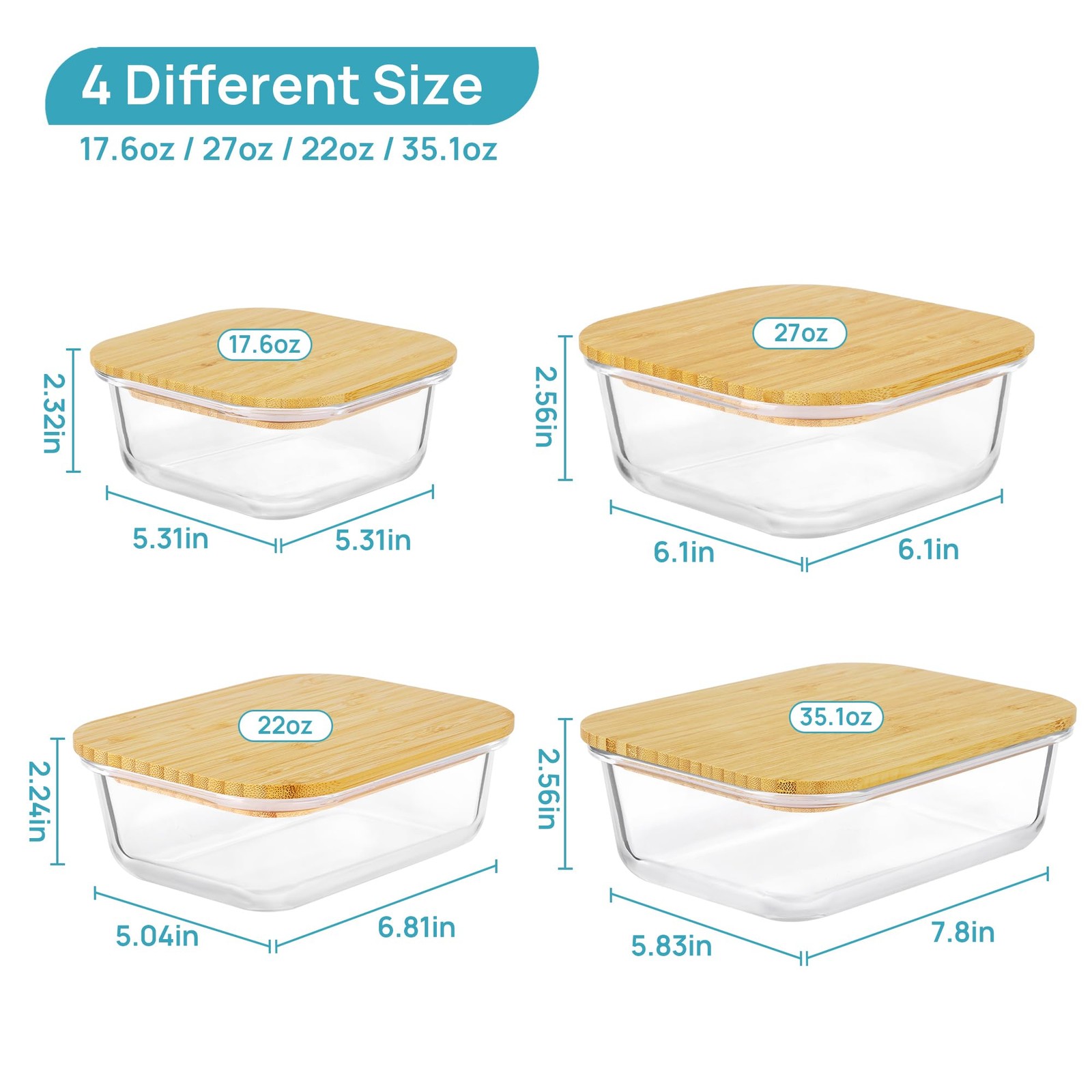 Glass Food Storage Containers with Bamboo Lids, 4 Pack Meal Prep Glass Contai…