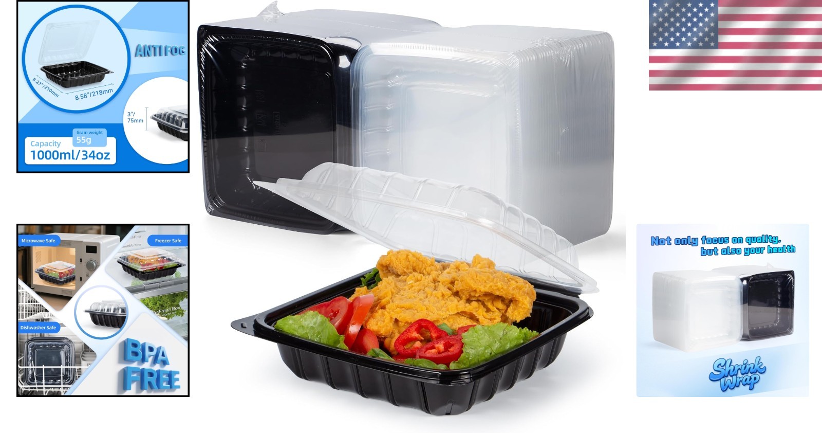 25-Pack 34oz Clamshell Containers | Leakproof, Anti-Fog Lid
