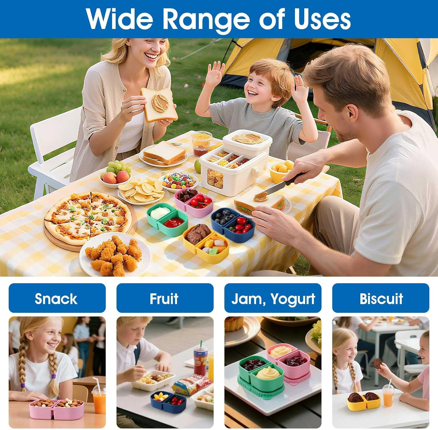 4 Pack Silicone Reusable Snack Containers with Lids – Double Compartment Snackle