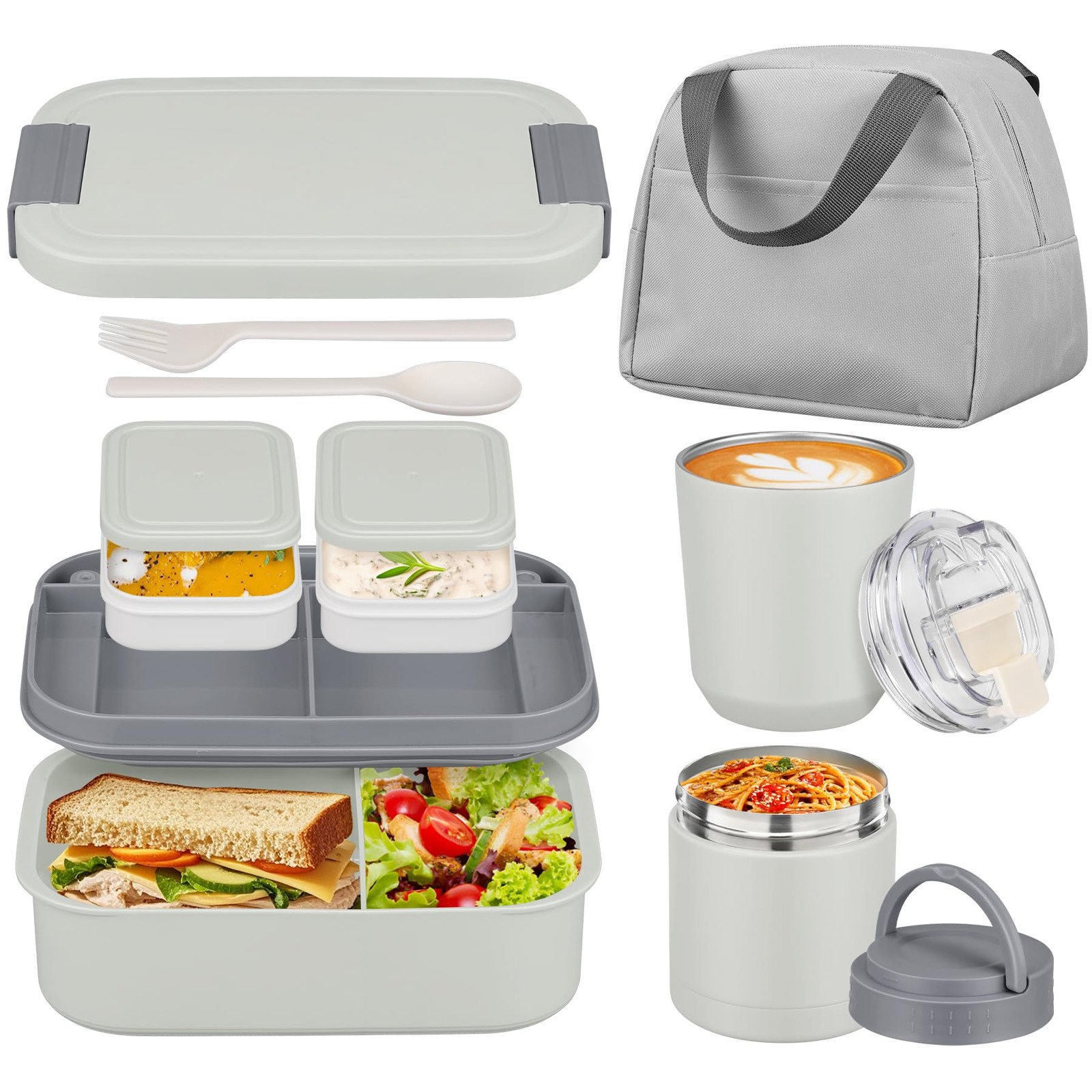 Large Bento Lunch Box Set for Adults Kids Women with 10.5oz Soup 1, Gray