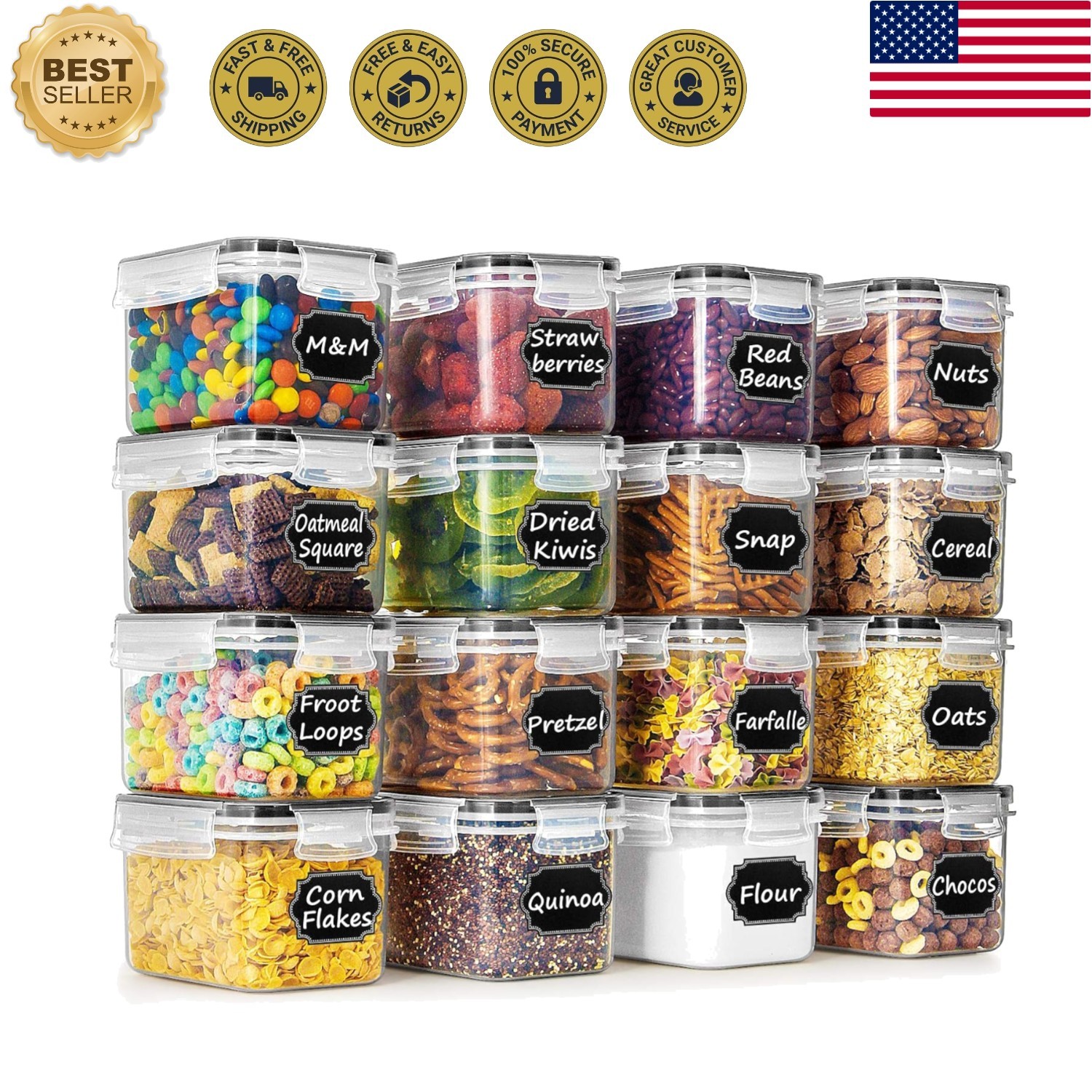 Cereal & Dry Food Storage Container Set of 16 [0.8L /3.38 Cups] for Sugar, Fl…