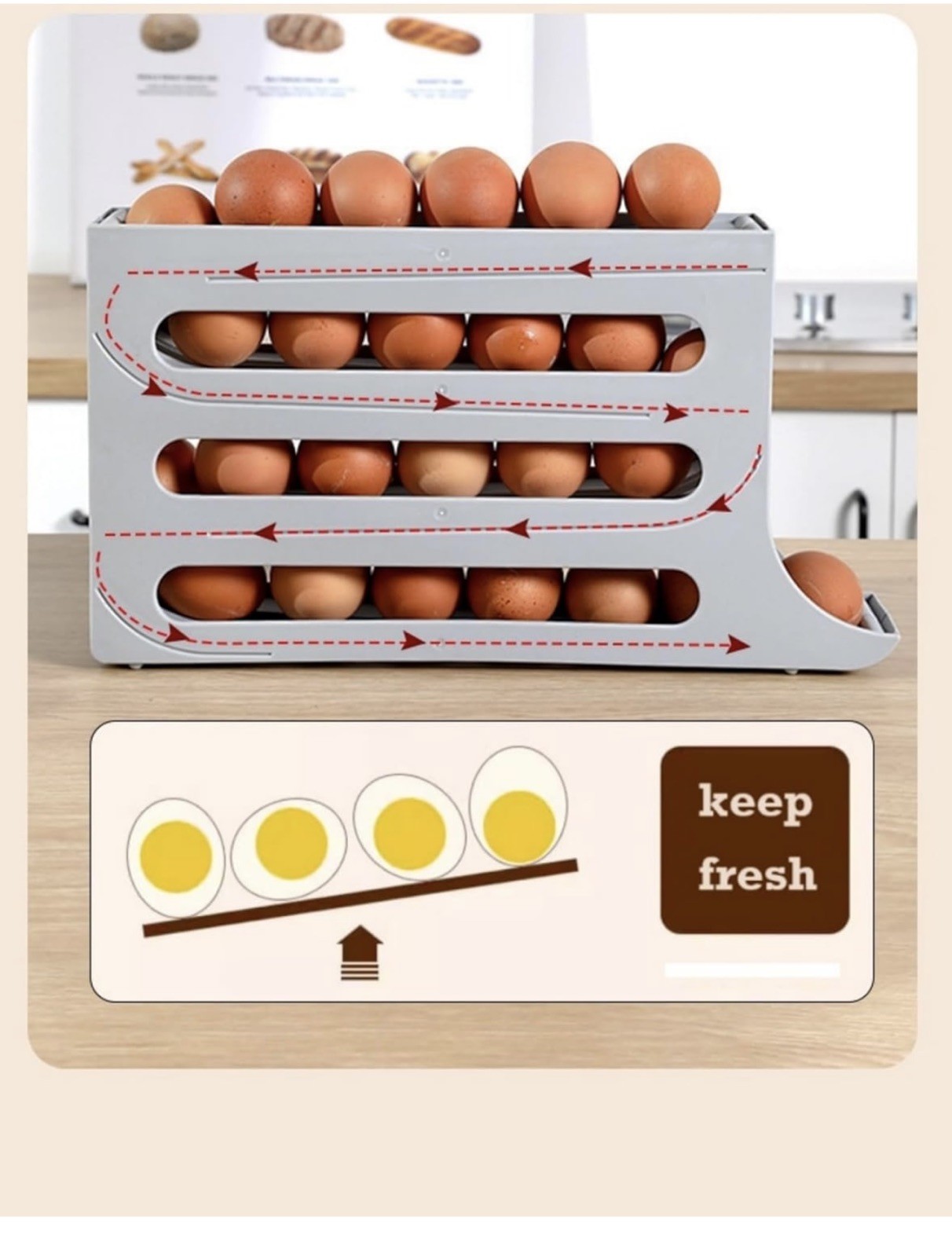 4-Tier Roll down Refrigerator Egg Dispenser Auto Rolling Egg Holder Storage Rack