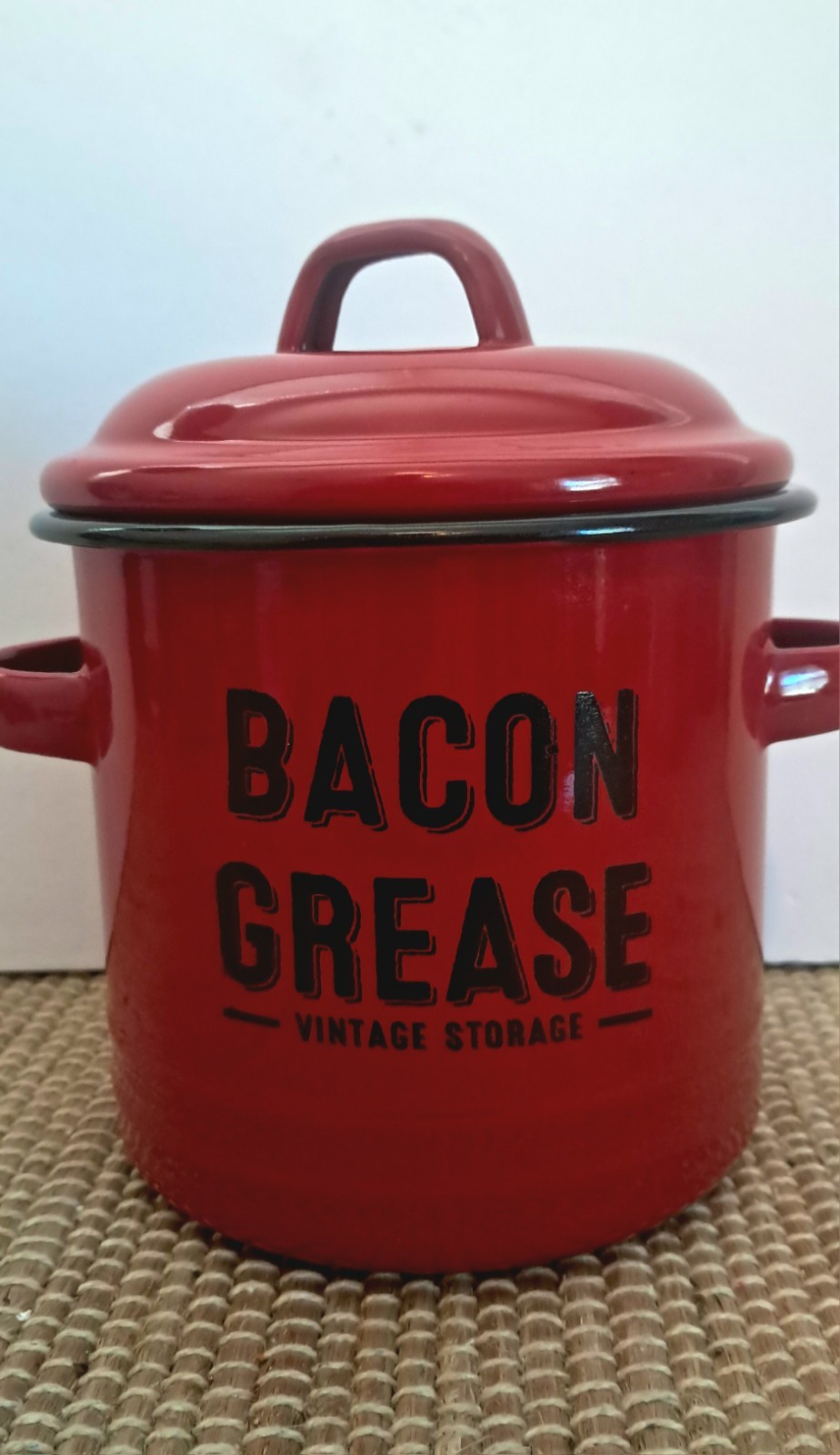 Enamel Bacon Grease Canister Pot with Lid – Rustic Large Capacity Vintage Look