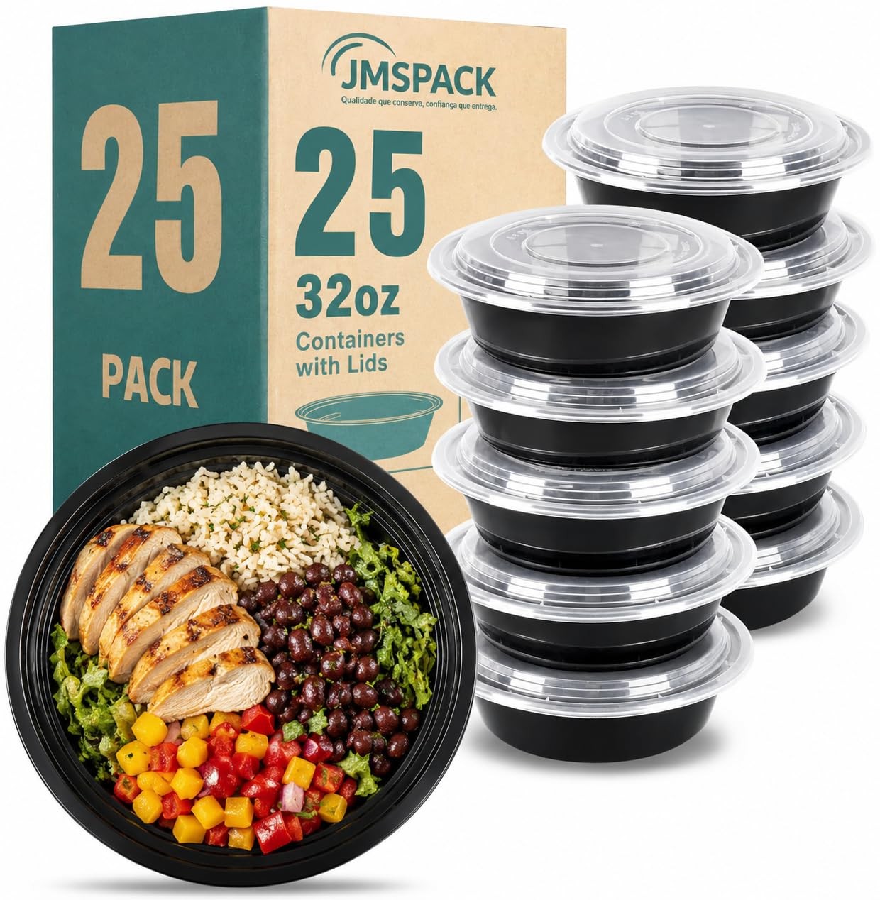 Containers Reusable 32oz – Meal Prep Bowls with Lids 25 Pack, Round Food Prep…