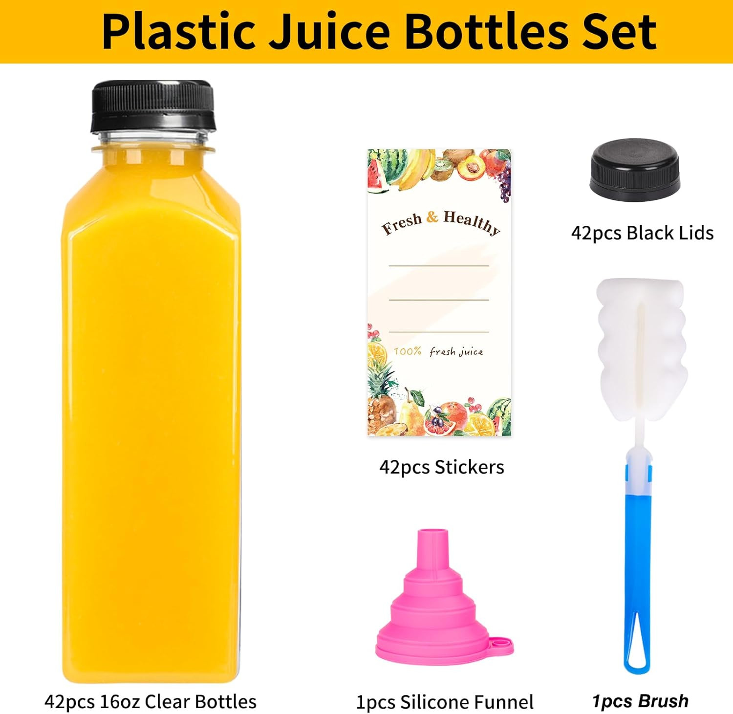 42Pcs 16Oz Plastic Juice Bottles with Caps, Reusable Juicing Bottles with Lid…