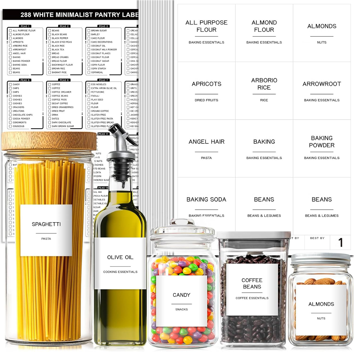 288 Pantry Labels for Food Containers, Preprinted Minimalist Waterproof Stickers