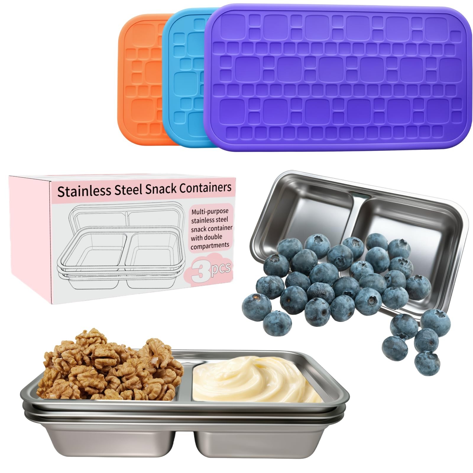 3 Pack BPA FREE SUS304 Stainless Steel Snack Containers with Lids, Small Port…