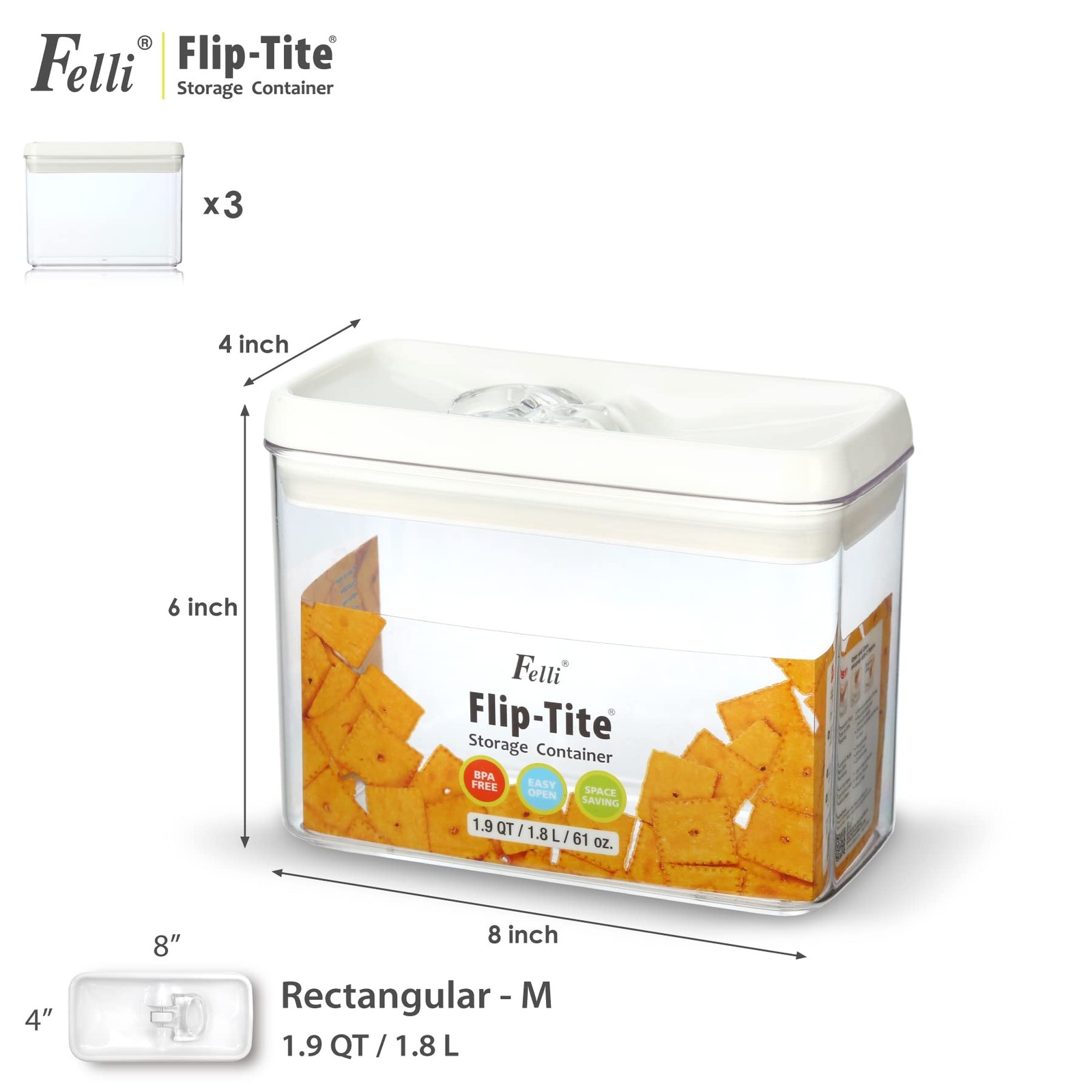 Flip Tite Storage Container with Lid 4” RECTANGULAR Airtight Ring Flip Top, S…