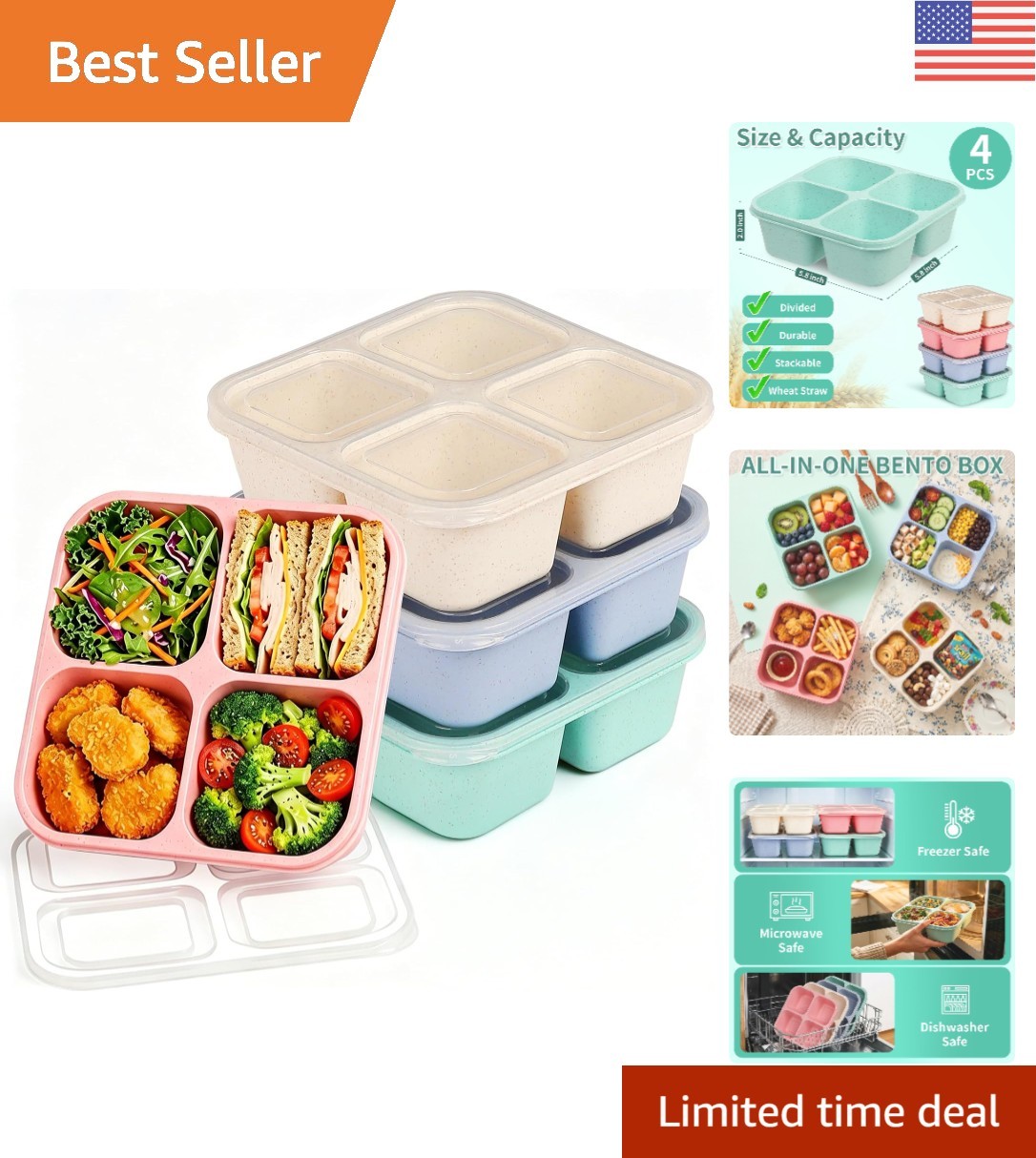 4 Pack Stackable Wheat Straw Bento Snack Containers – Dishwasher Safe & Portable