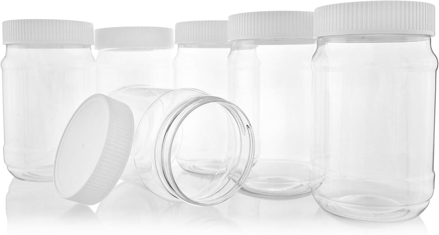 Plastic Mason Jars – Screw on Ribbed Lid 16 ounce-Set 6-Airtight Liner-Meal Prep