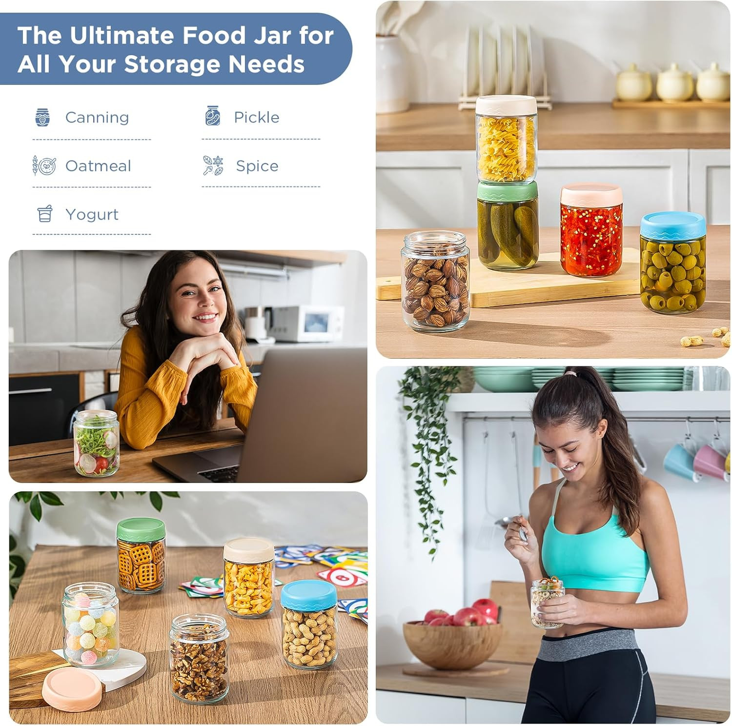 16 Oz Overnight Oats Containers with Lids – 4 Pack Glass Storage Jars with Airti