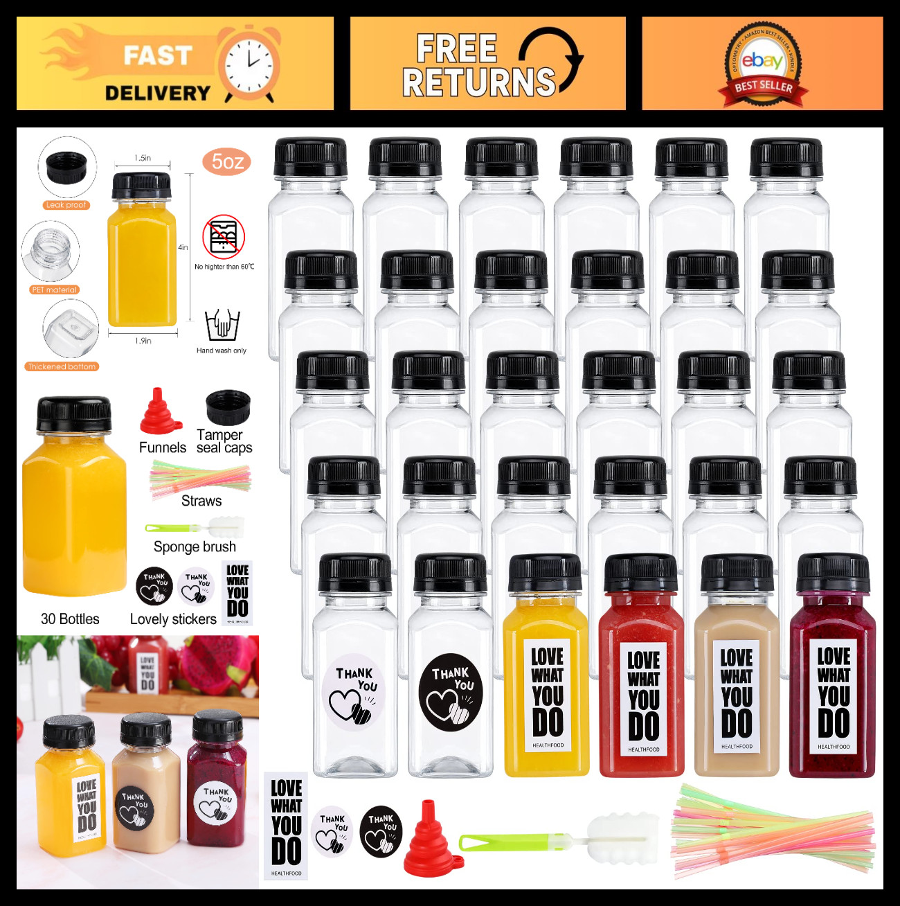 30 Pack 5oz Reusable Plastic Juice Bottles with Leak-Proof Caps – Clear Drink Co