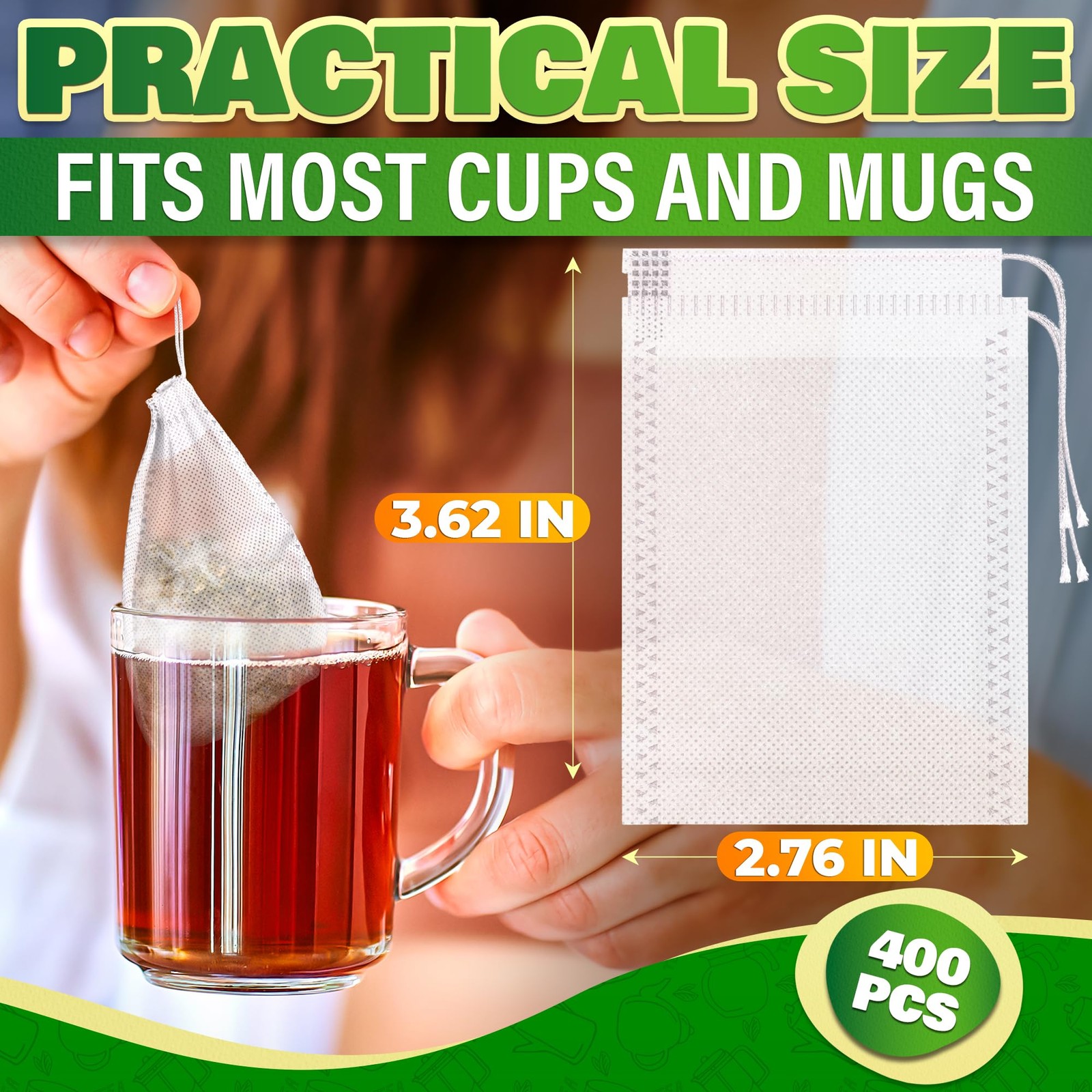 400 Pcs Disposable Tea Bags for Loose Leaf – 3.62 x 3.62″*2.76″, White