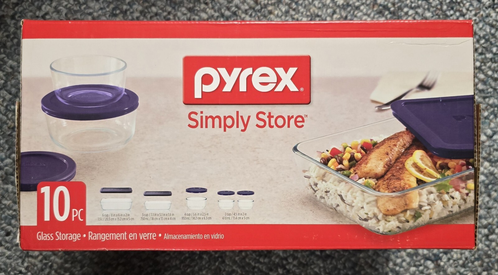 NEW Pyrex Simply Store 10 Piece Glass Food Storage Set Blue Lids 6021224