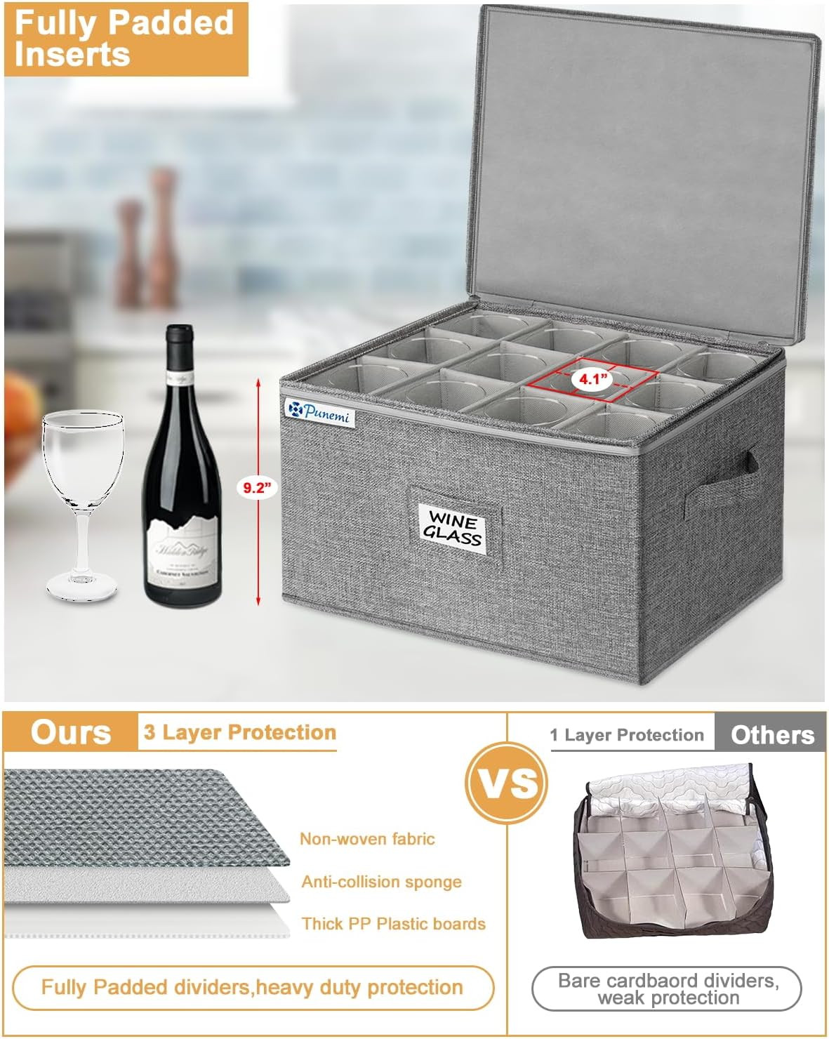 Wine Glass Storage Box, Glassware Storage Containers W/Hard Shell Side Bottom Su
