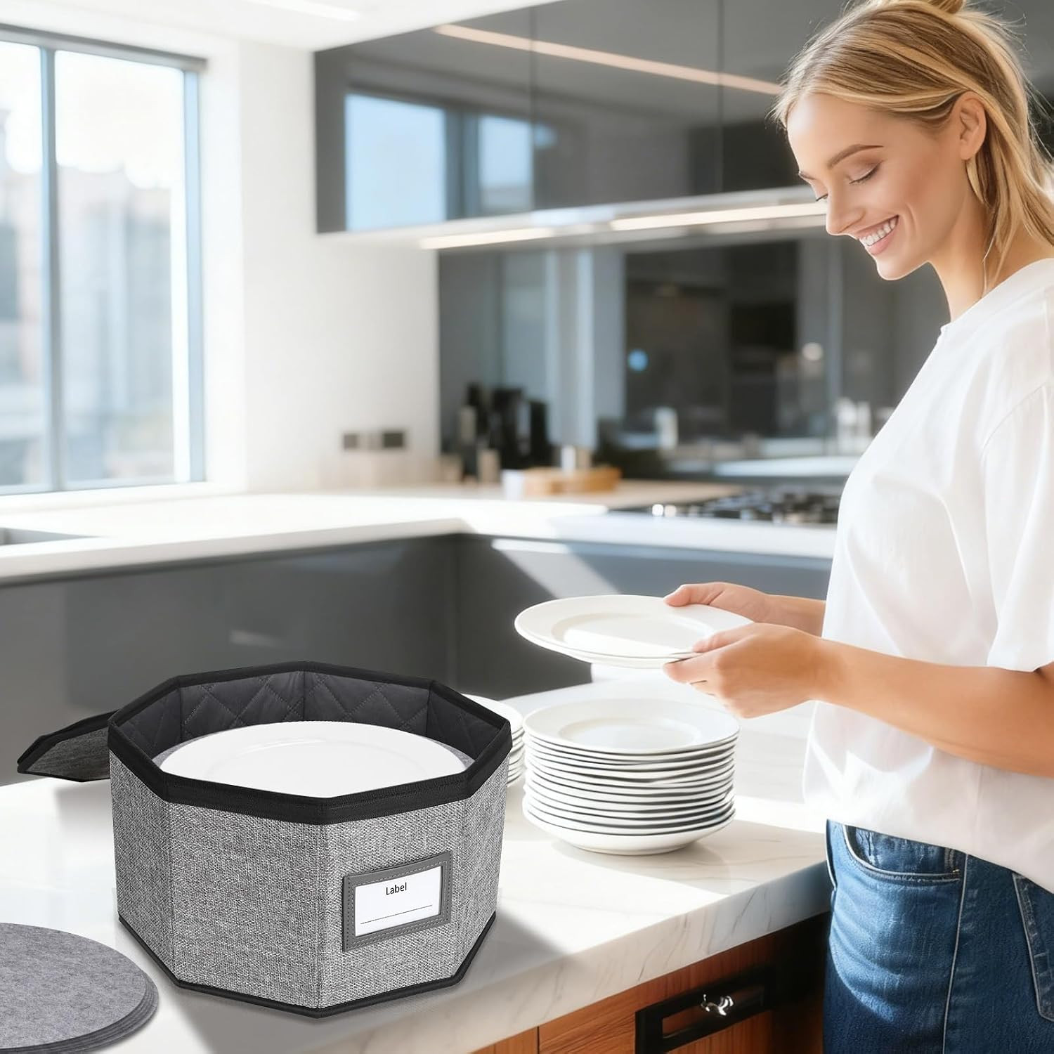 2 Pack Stackable Dish Storage Containers with 24 Felt Dividers and Handles