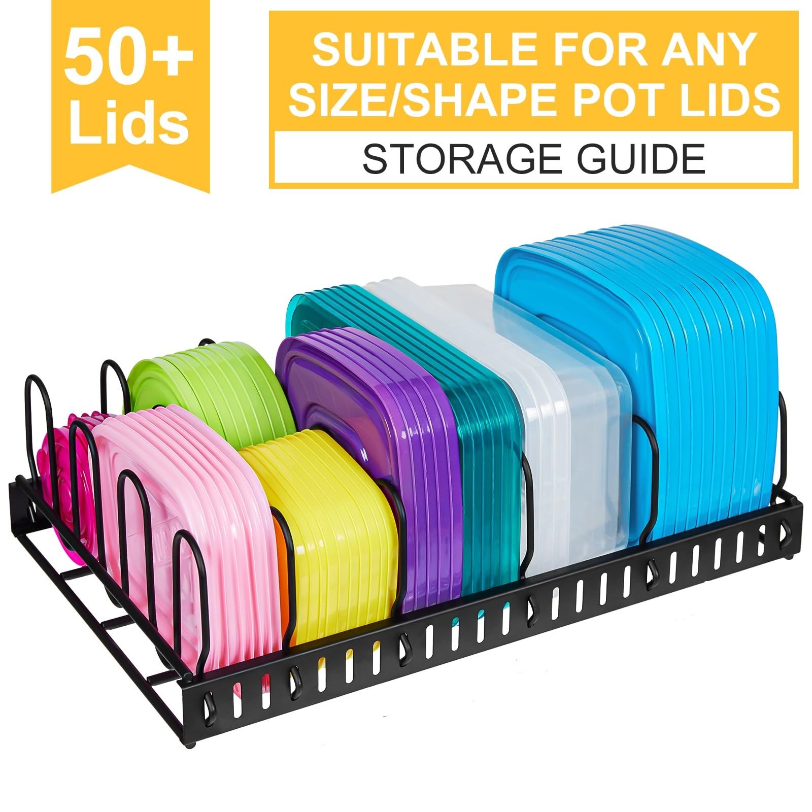 Black Metal Food Container Lid Organizer with 6 Adjustable Dividers for Cabinet