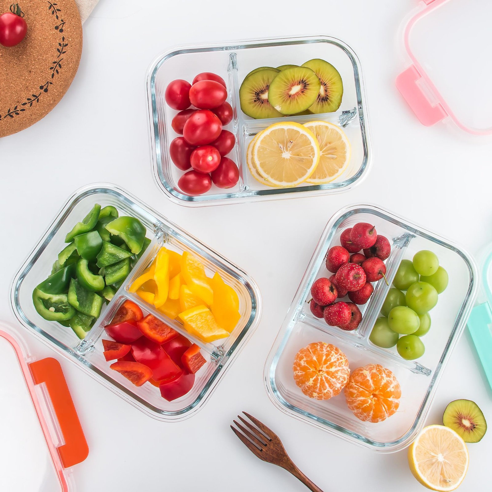 5-Pack,3 Compartment Glass Meal Prep Containers Set,34oz, Divided Food Storag…