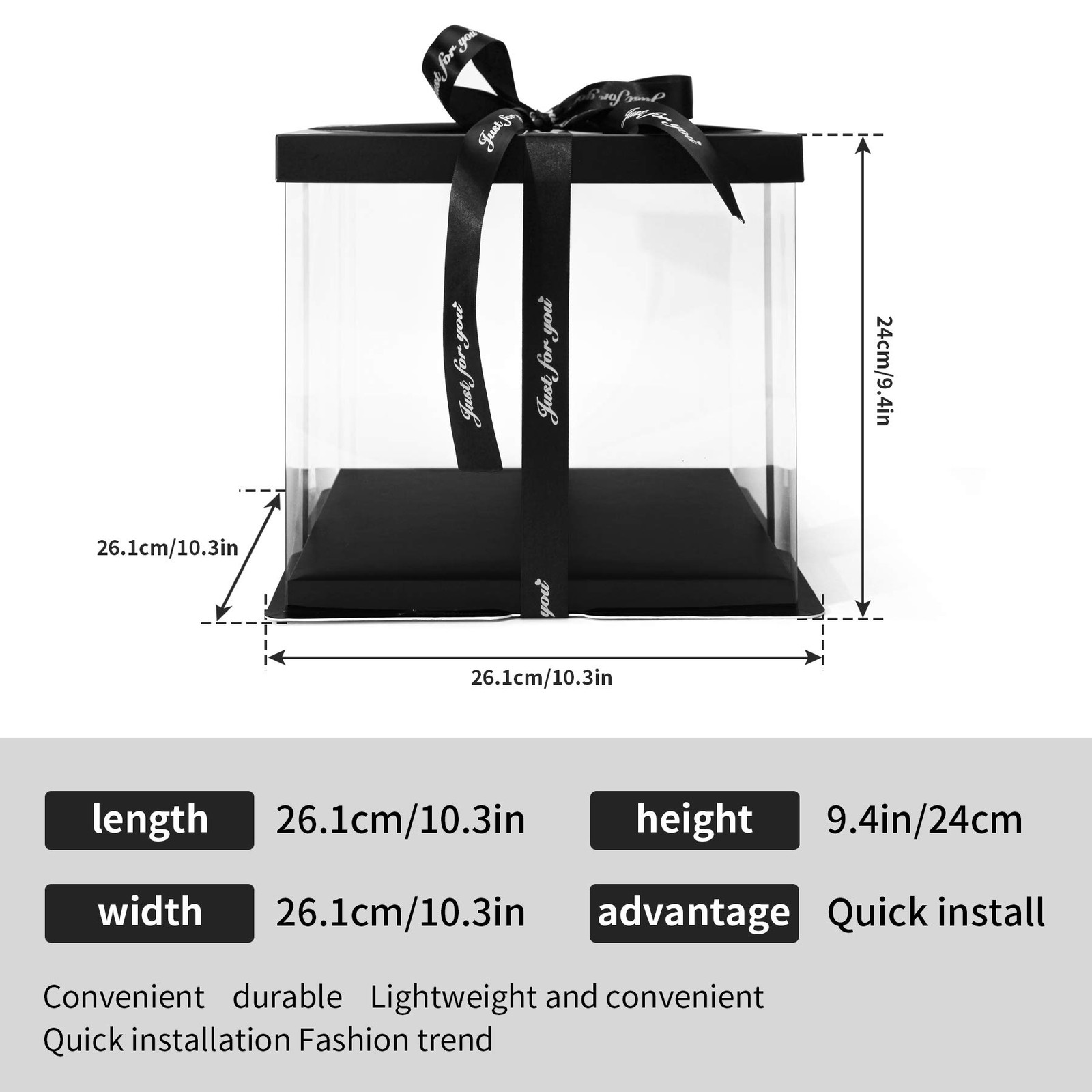 2 PCS Clear Cake Box Carrier Container 10x10x9 Inch Ribbon Transparent Black