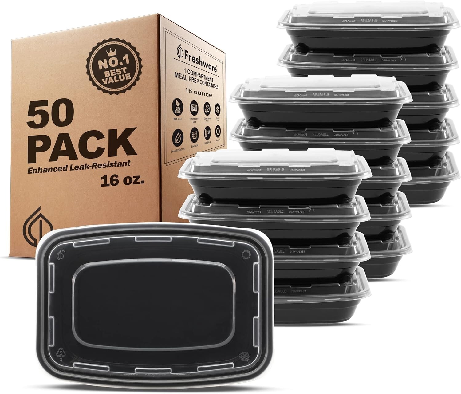 Meal Prep Containers 50 Pack, 1 Compartment, 16oz, BPA Free, Microwave Safe