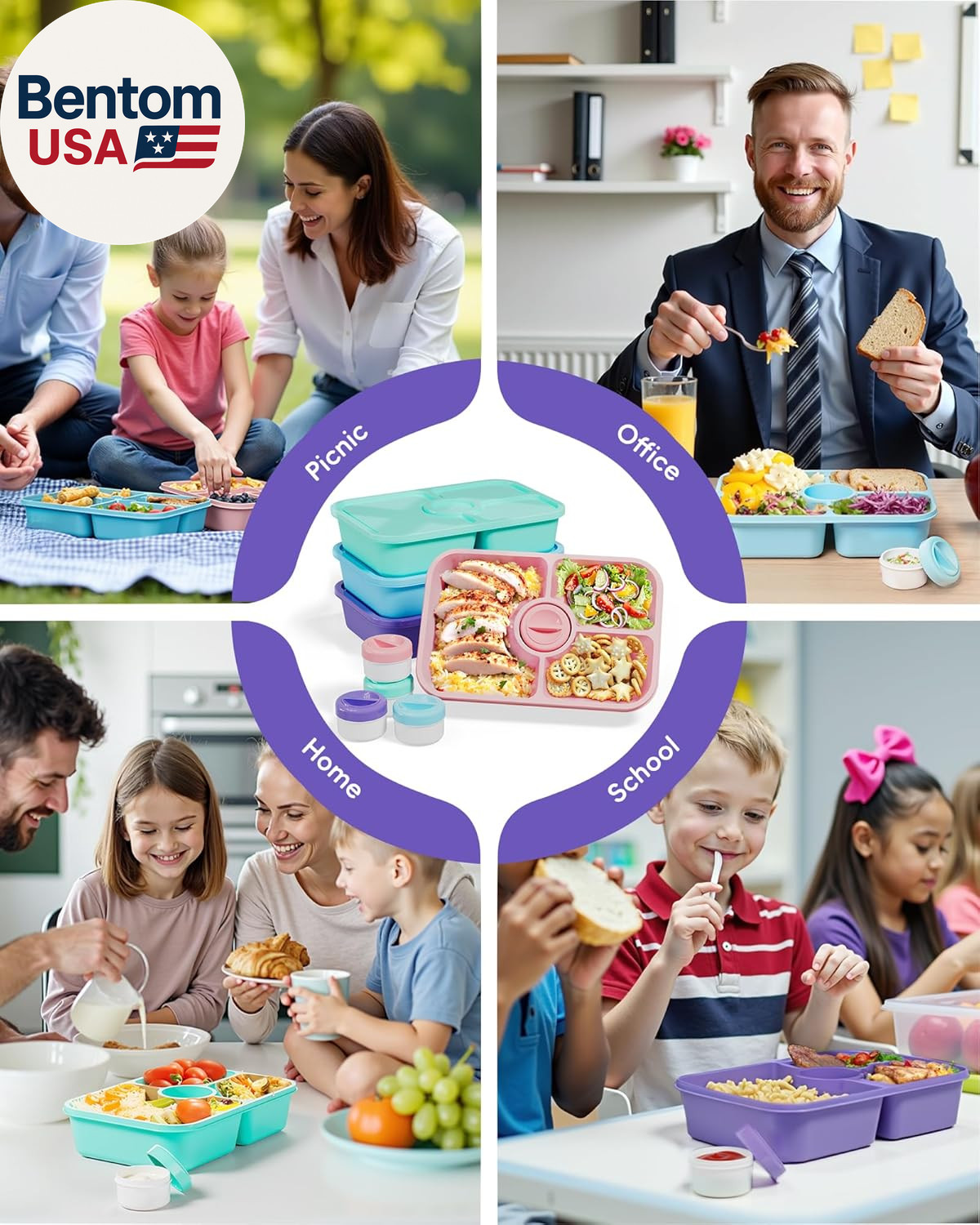 4 Pcs Bento Snack Box Containers, 4 Compartment Divided Stackable Food Storage C