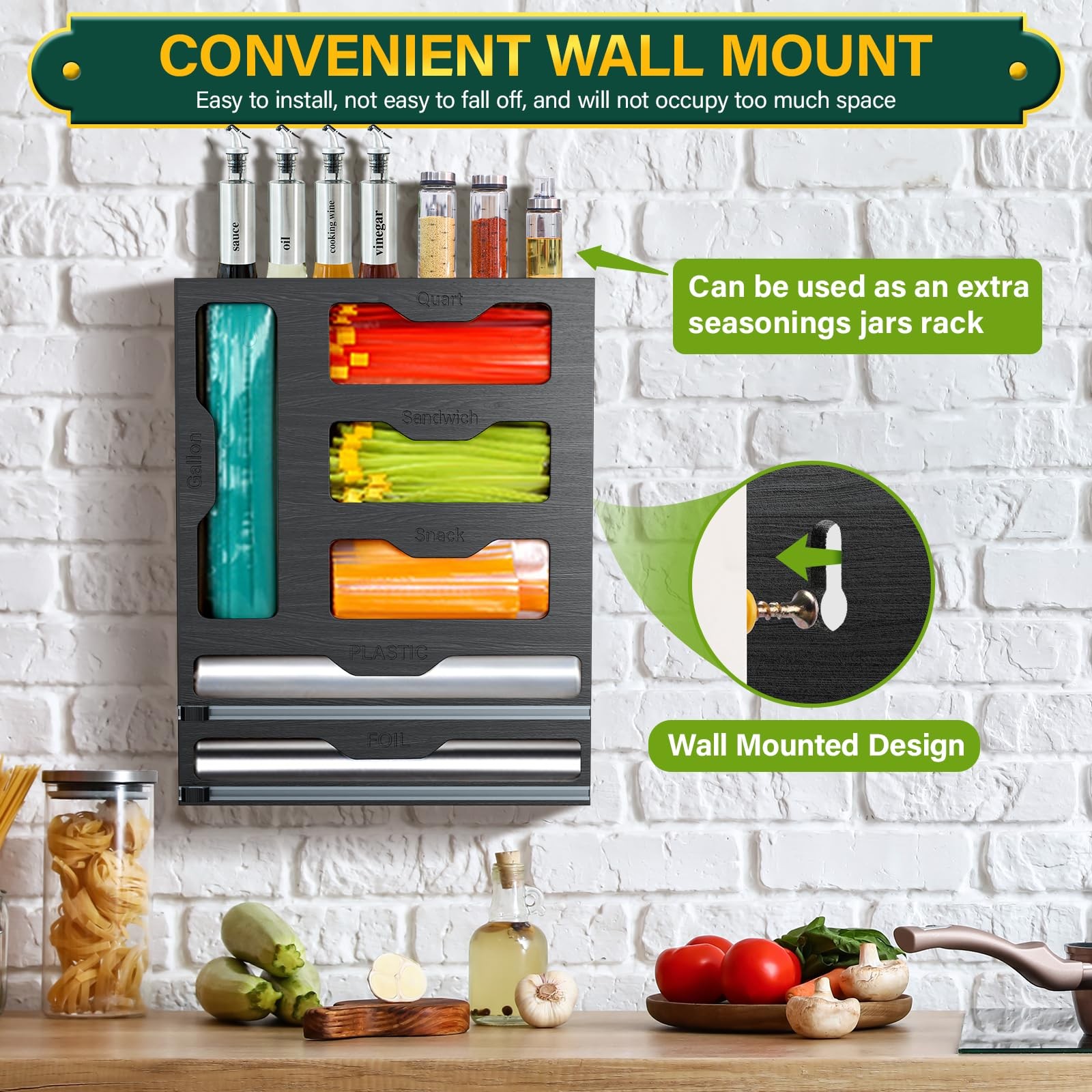 Bag Organizer & Plastic Wrap Dispenser with Cutter, 6 In 1 Foil & Plastic Wra…