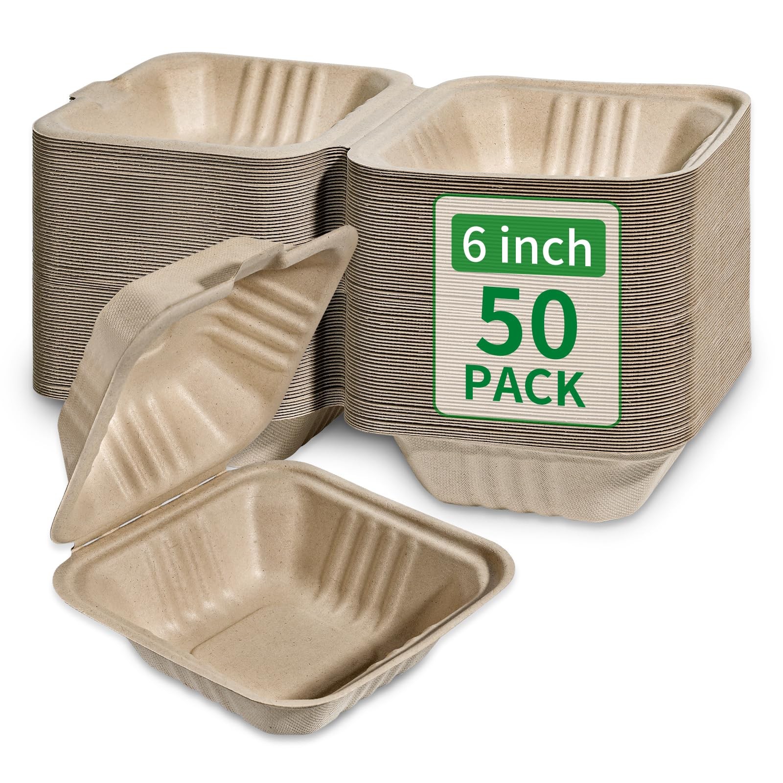 Compostable 50 Pack 6×6 Inch Disposable Square Small Lunch Box Takeout Container