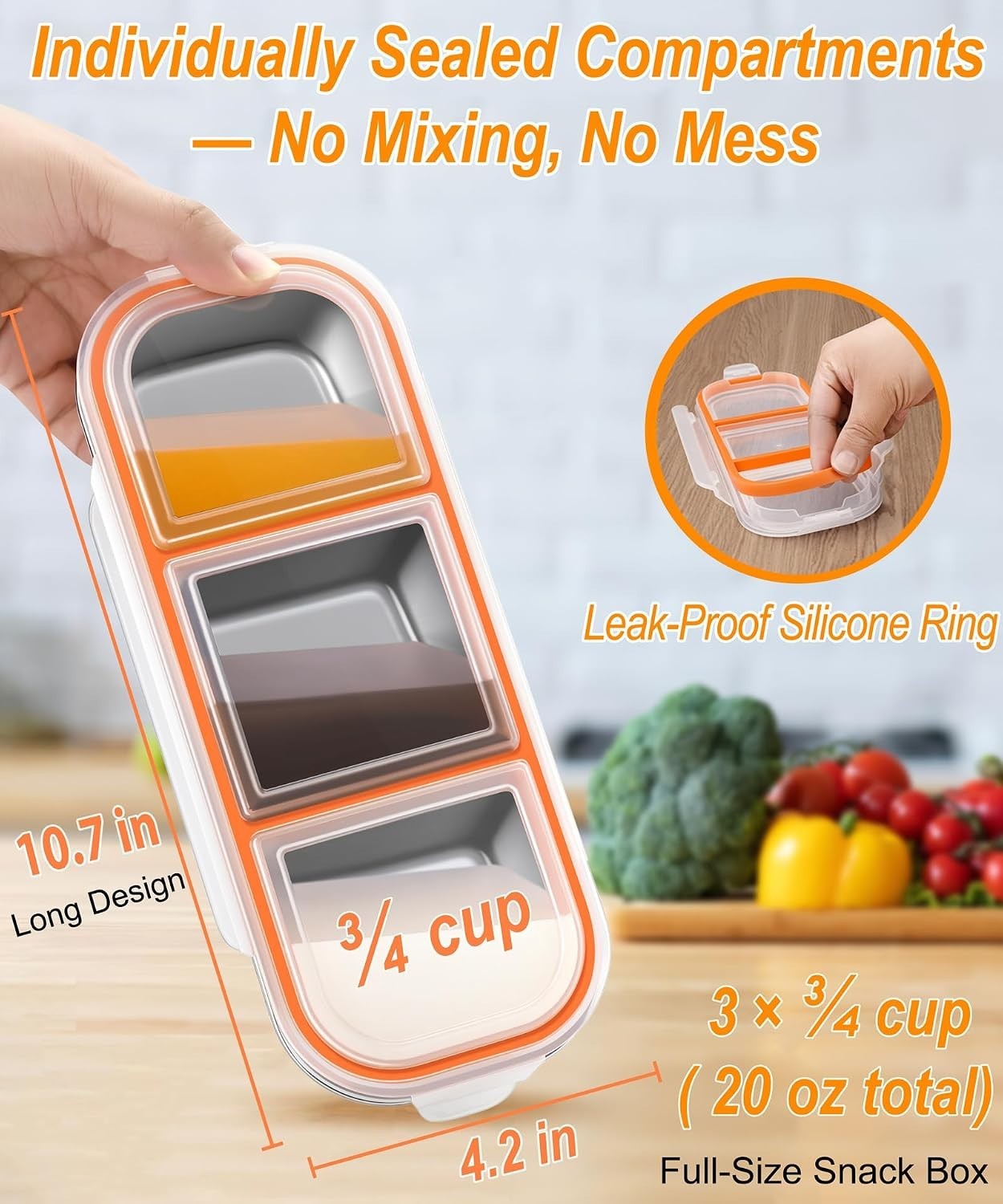 Stainless Steel Snack Container Large Leak-Proof 3-Compartment Lunch Box