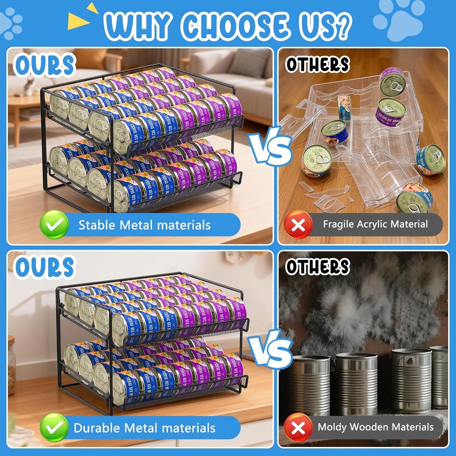 Cat Food Can Organizer, Can Organizer for Pantry, 2-Tier Metal Cat Food Storage