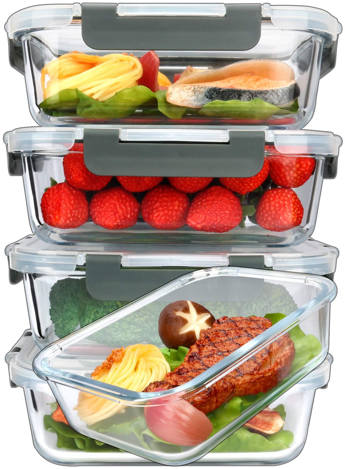 5~Pack 36 Oz Glass Meal Prep Containers with Snap Locking Lids