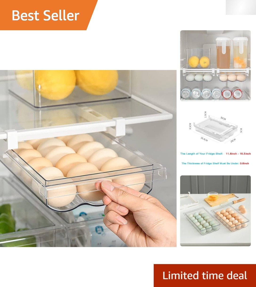 Versatile Fridge Egg Drawer – Fits 11.8 to 16.5 Inch Shelves, Space-Saver