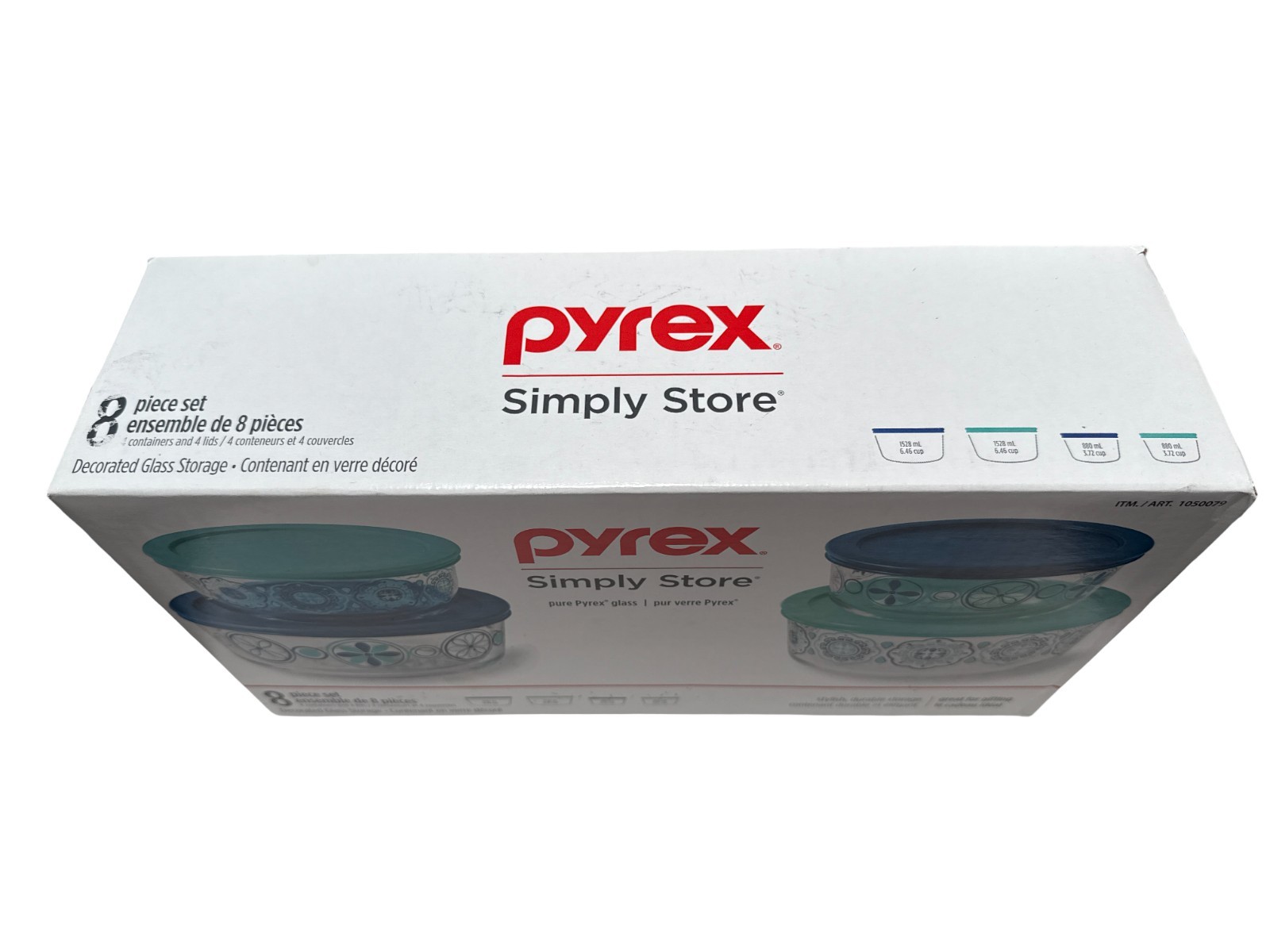 Rare 2018 PYREX Simply Store Pure Glass 8 pc Set Blue & Mint Decorated NIB HTF