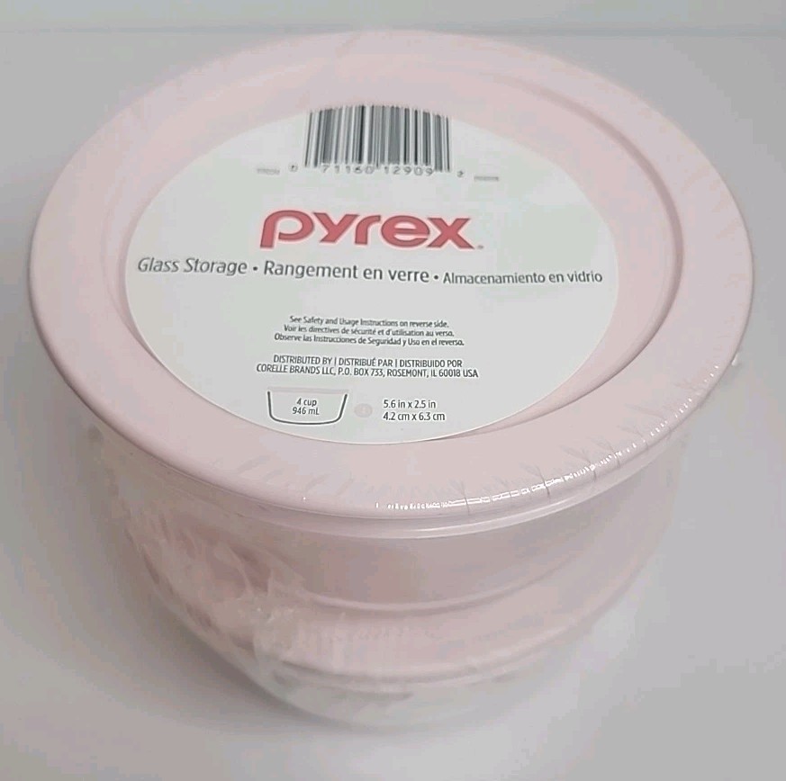 Set of 2 PYREX 4 Cup Clear Glass Storage Bowl w Pink Lid 5.6 x 2.5 in New Sealed