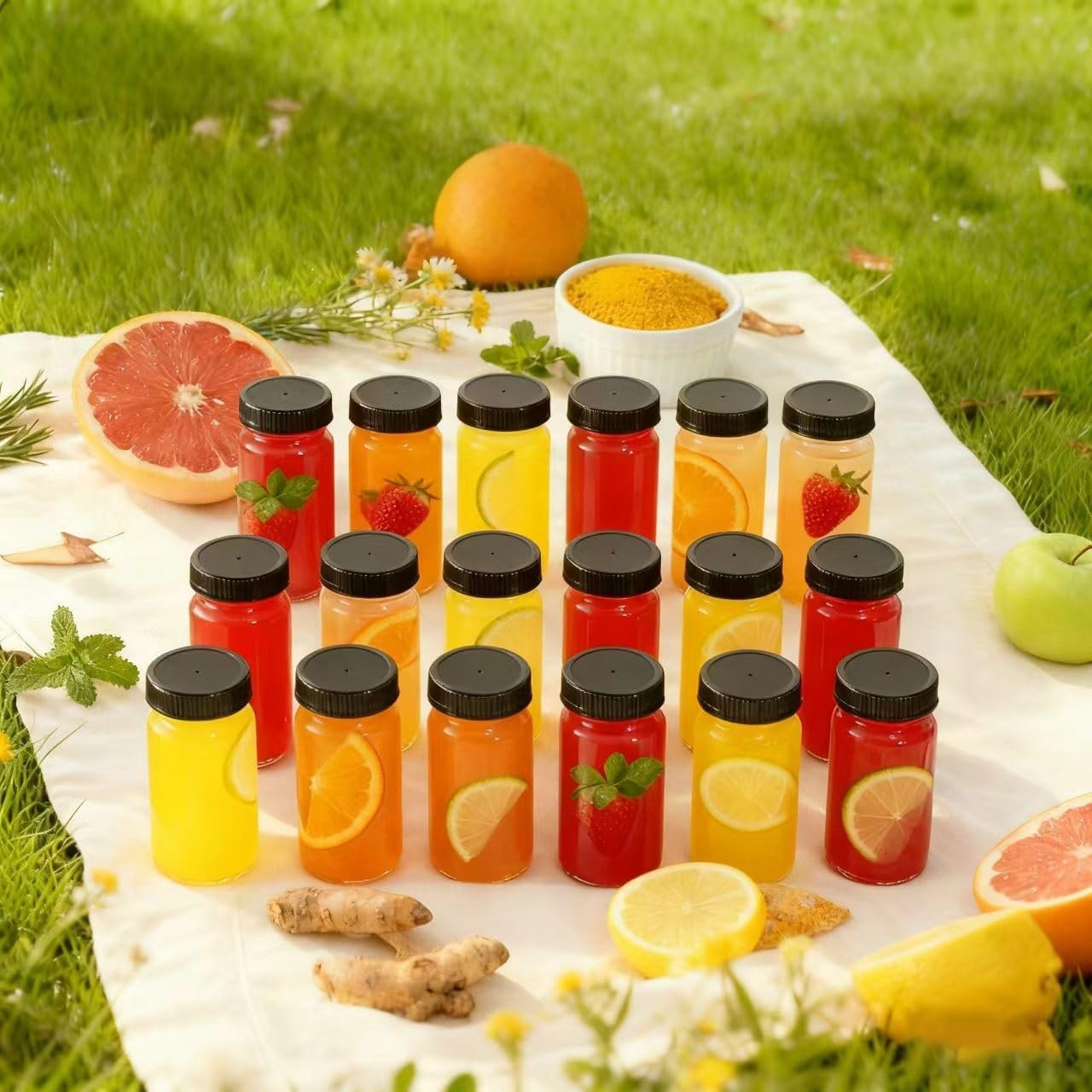 12 Pack 2 oz Glass Shot Mini Bottles with Black Lids – Reusable Leakage-Proof…