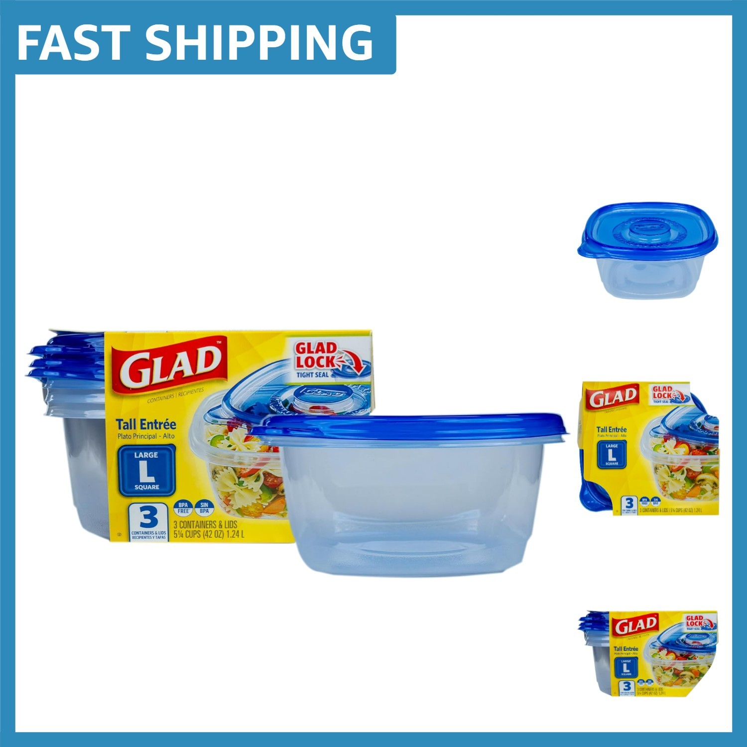 Tall Square Food Storage Containers – 3 Count, Lock Tight Seal, Microwave Safe