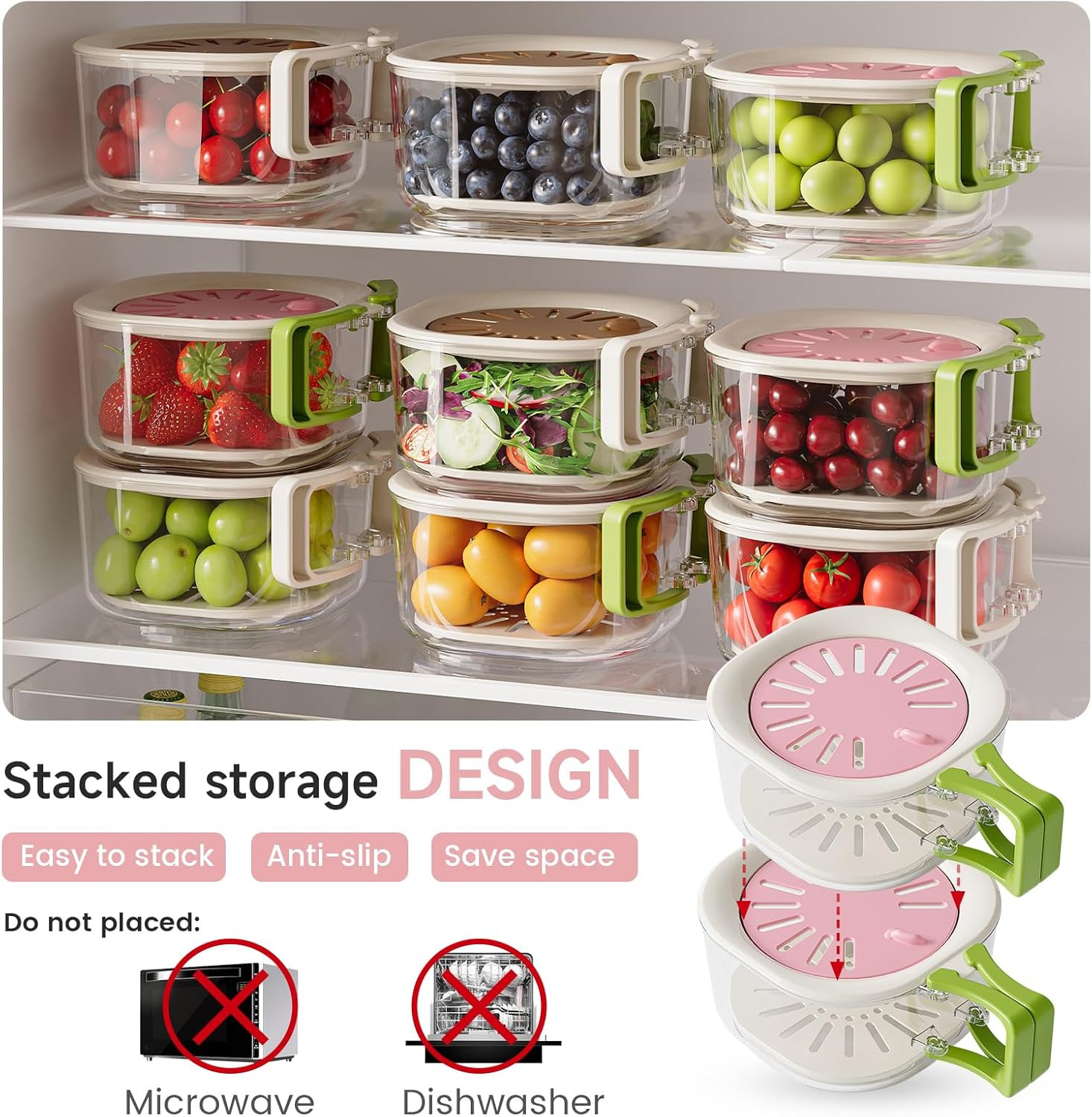 Colander Strainer Fridge Organizer Storage Container with Switchable Lid, Fruit