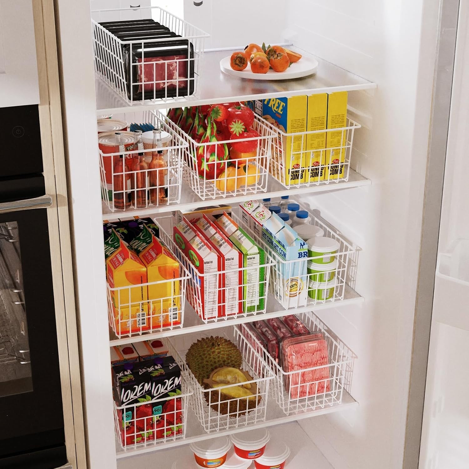 Freezer Organizer Bins 5 Pcs – Sturdy White Metal Baskets, 570 Cu In Capacity