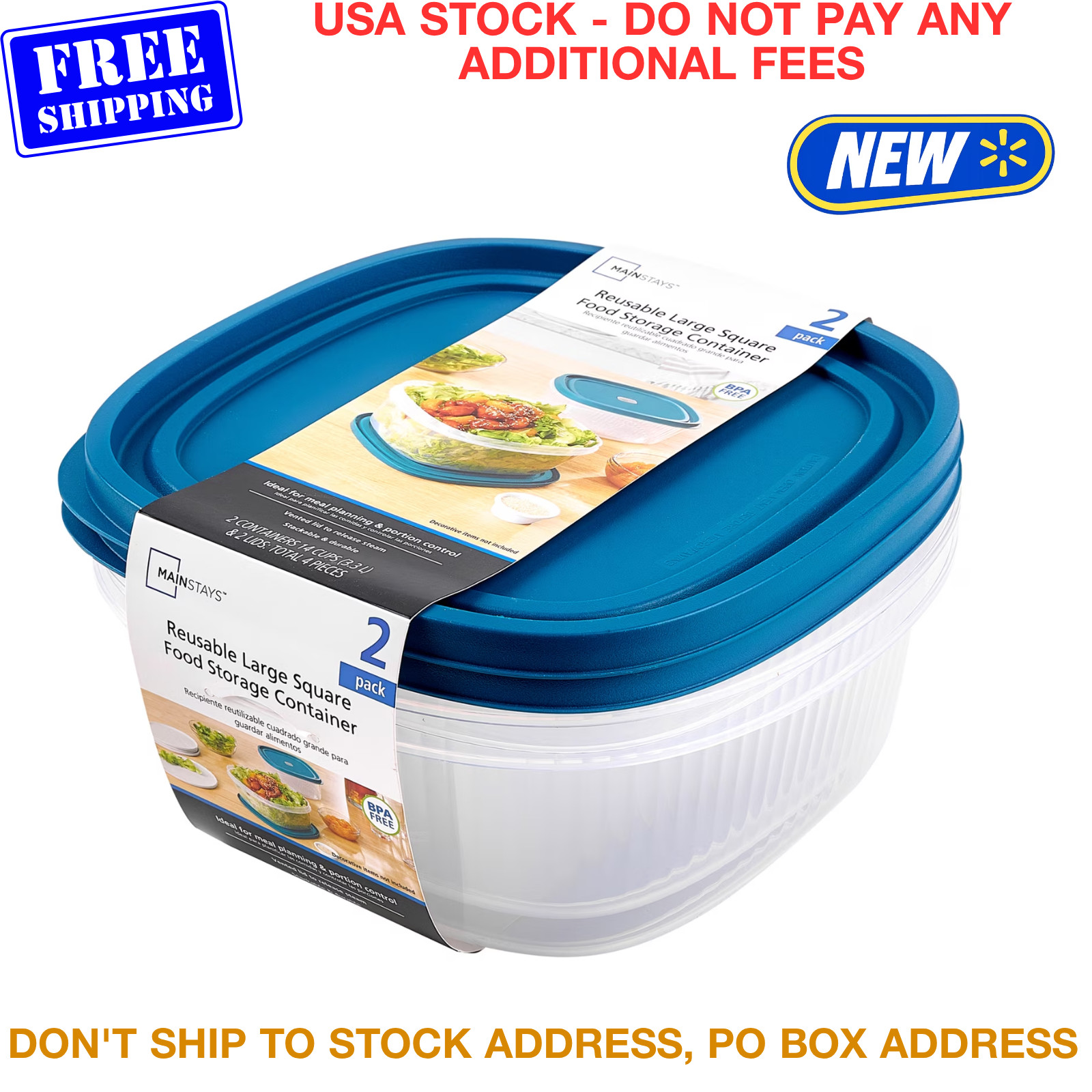 Large Plastic Food Storage Containers 14 Cup Square Meal Prep Vented Lids 2 Pack