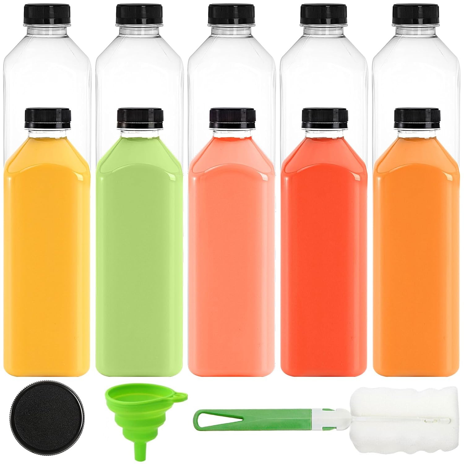 Cedilis 10 Pack 33oz Plastic Juice Bottles with Black Cap, Clear Reusable Contai