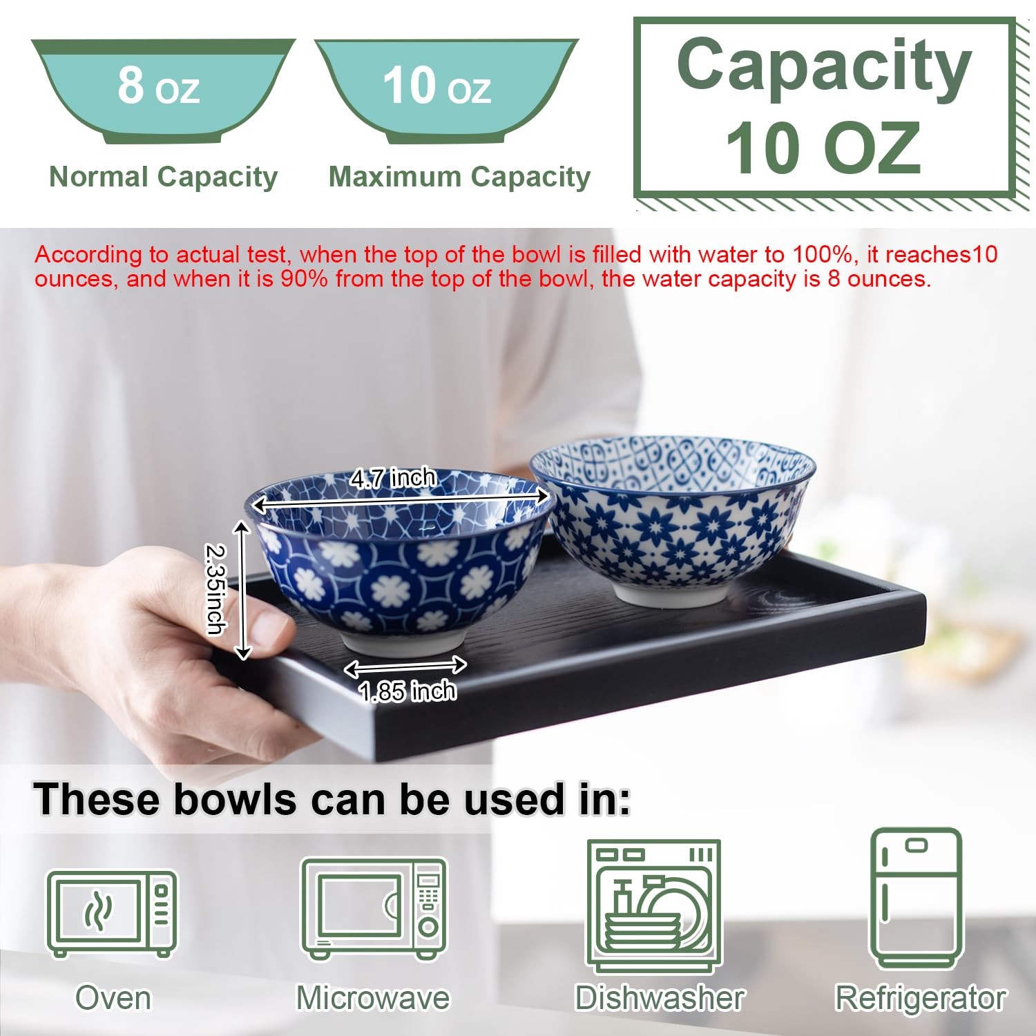 Blue and White Ceramic Bowls Set of 6 4.7in Small Dessert bowl 10 oz for ice
