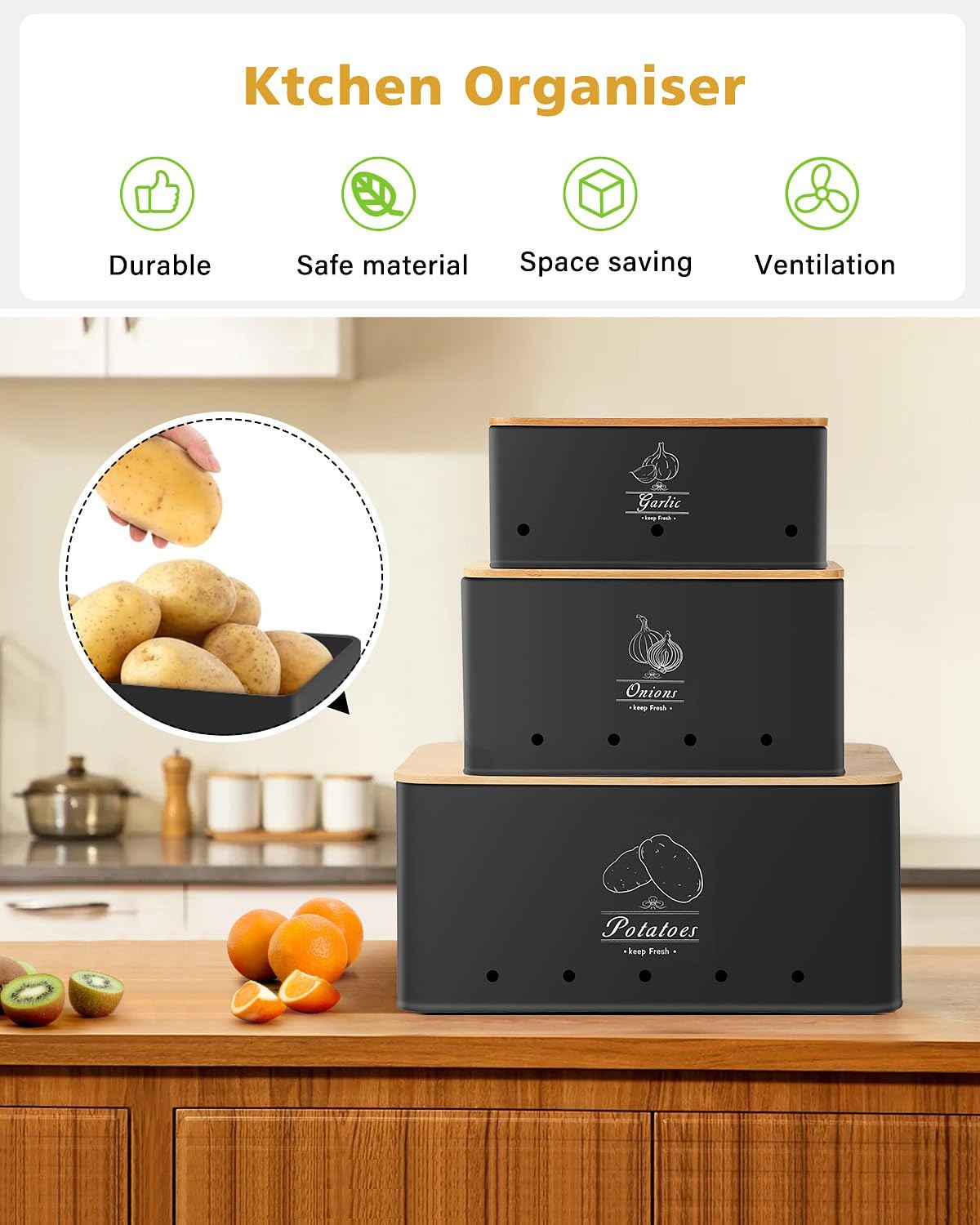 Kitchen Vegetable Storage Set of 3, Sturdy and Durable Storage Basket for Pot…