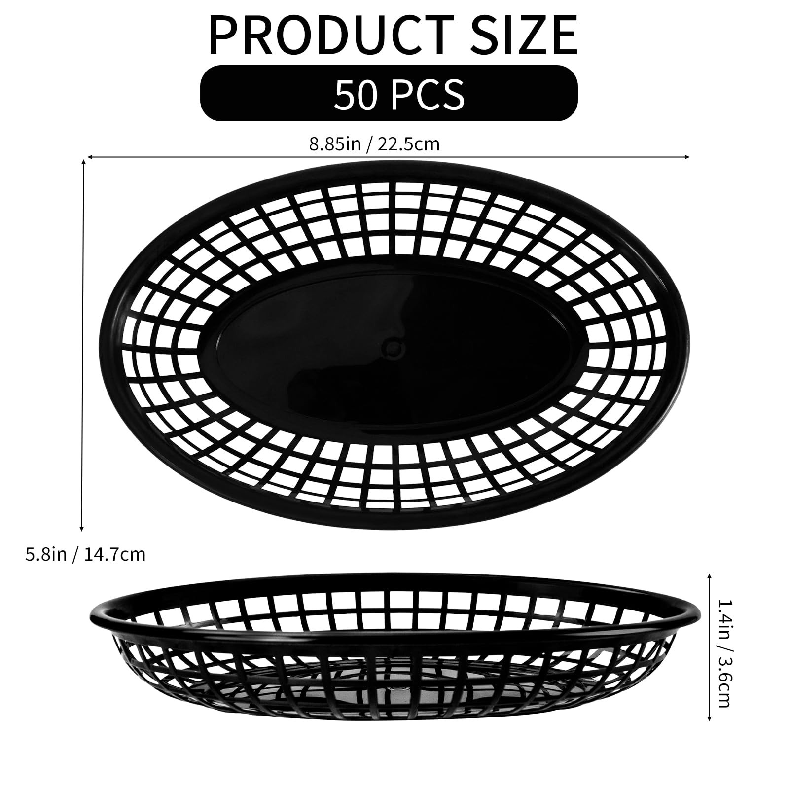 50 Pack Oval Fast Food Baskets, 9 Inch Plastic Storage Basket, Black Food Ser…
