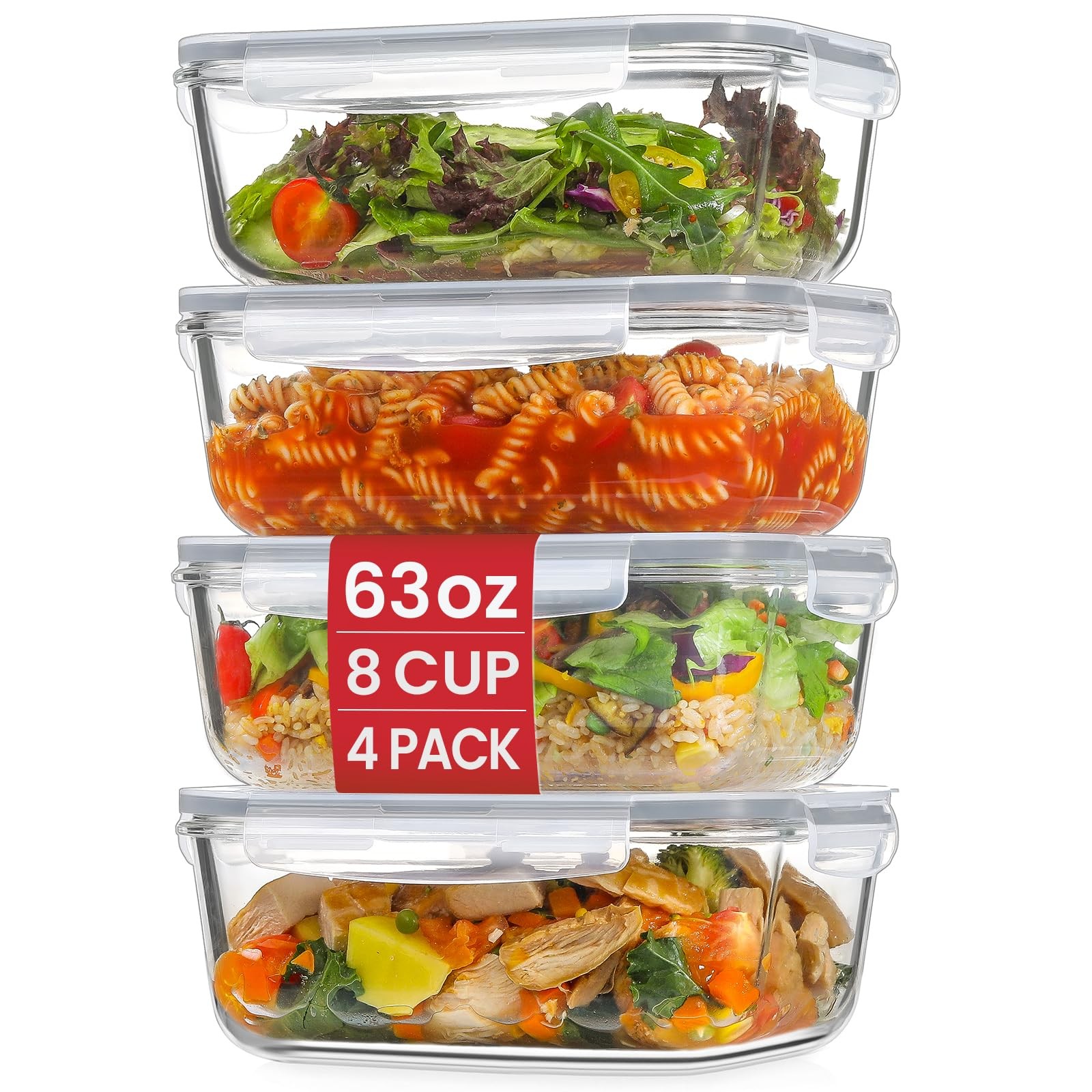 4 Pack 8 Cups/ 63oz Large Glass Storage Containers with Lids, Meal Prep Conta…