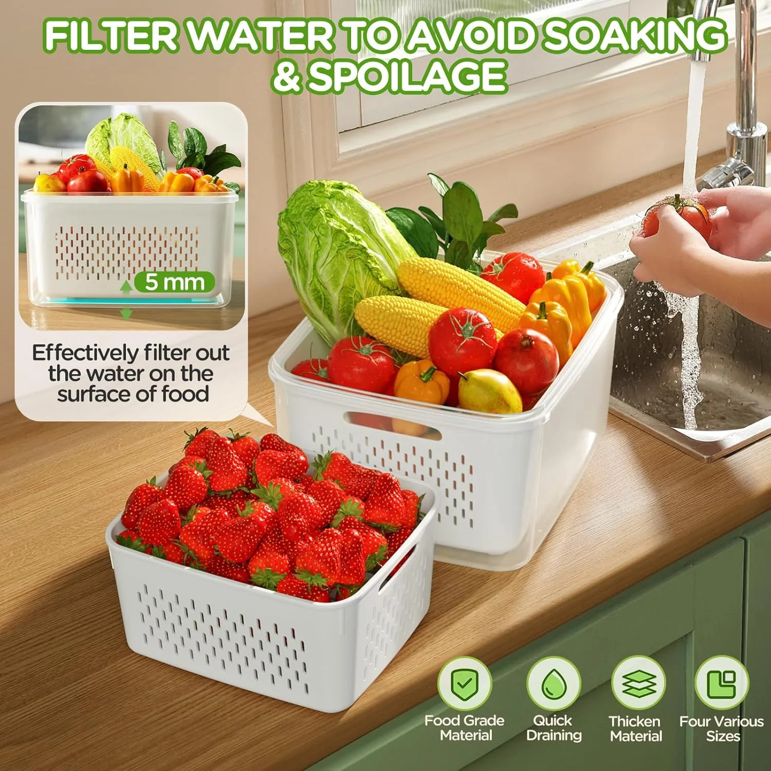 4 PCS Fruit Storage Containers for Fridge, Produce Containers for Fridge with Re