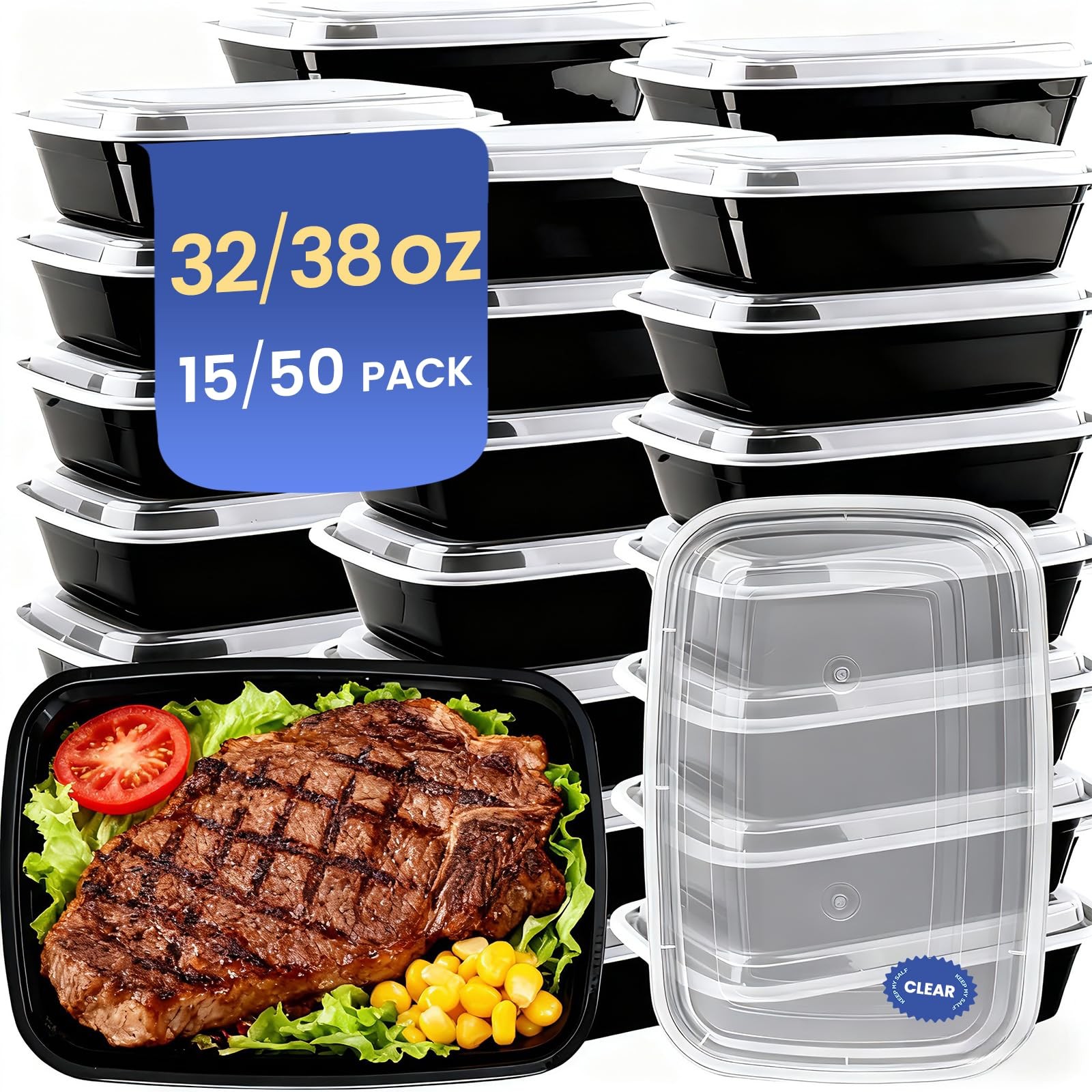 50 Pack 32 oz Meal Prep Containers Reusable BPA Free, Plastic Containers with…
