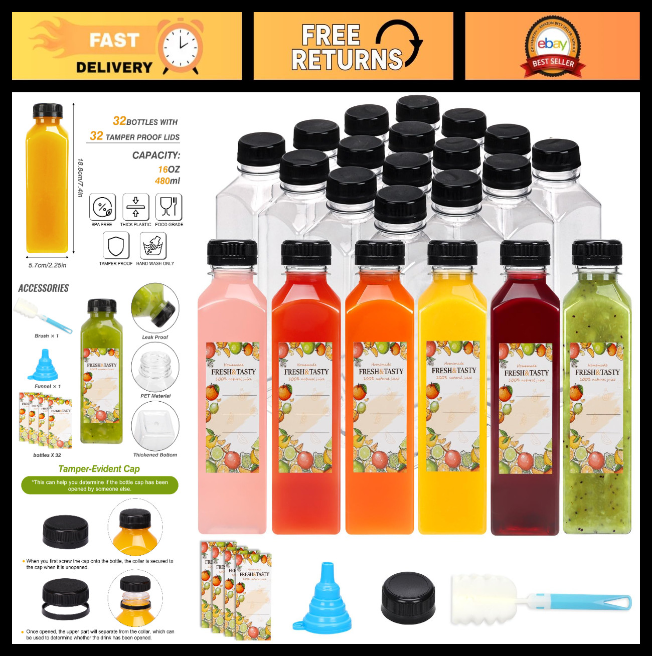 32pcs 16oz Plastic Juice Bottles with Lids & Labels, Beverage Containers for Jui