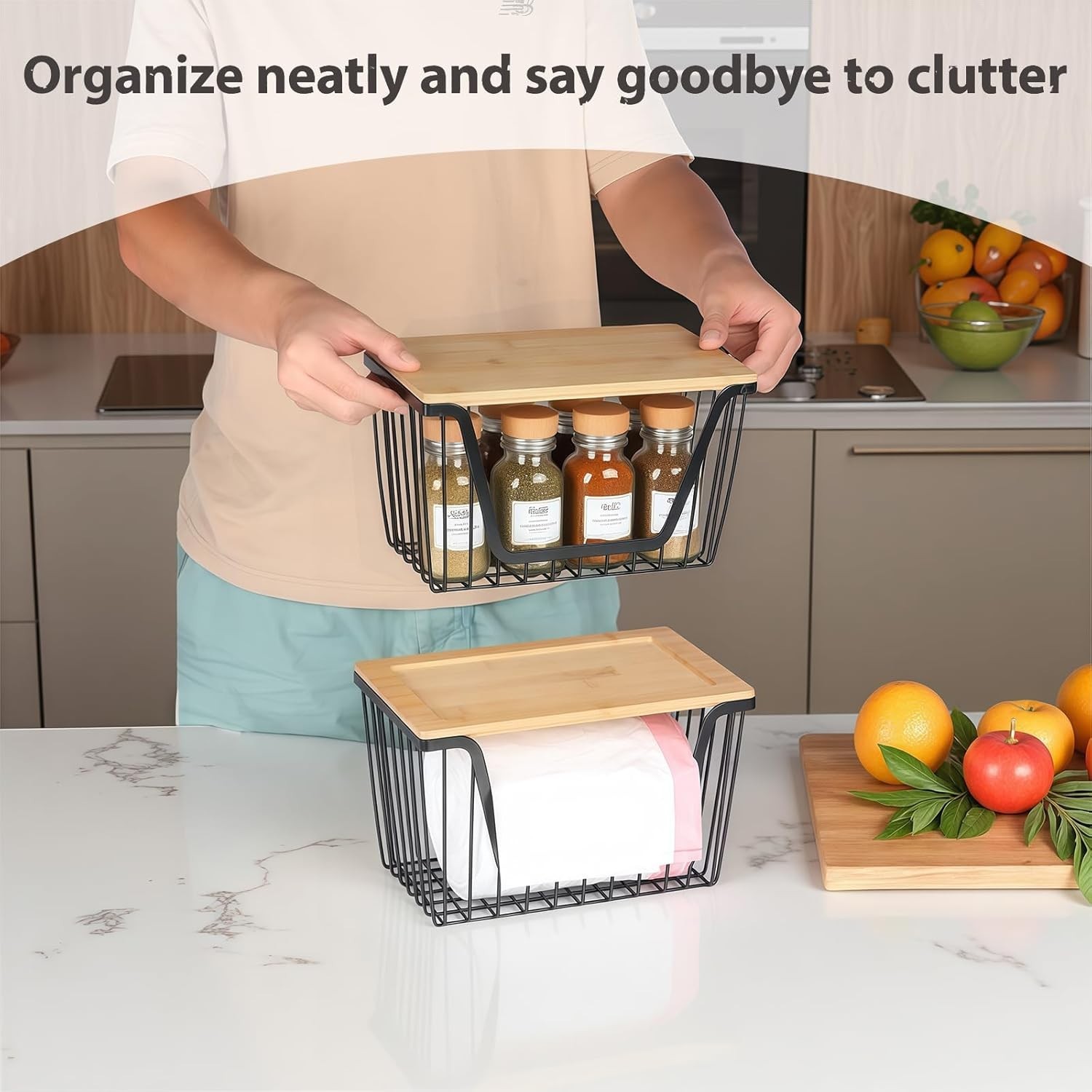 Modern Stackable Storage Bins for Fruits, Vegetables – 2-Pack Iron Baskets