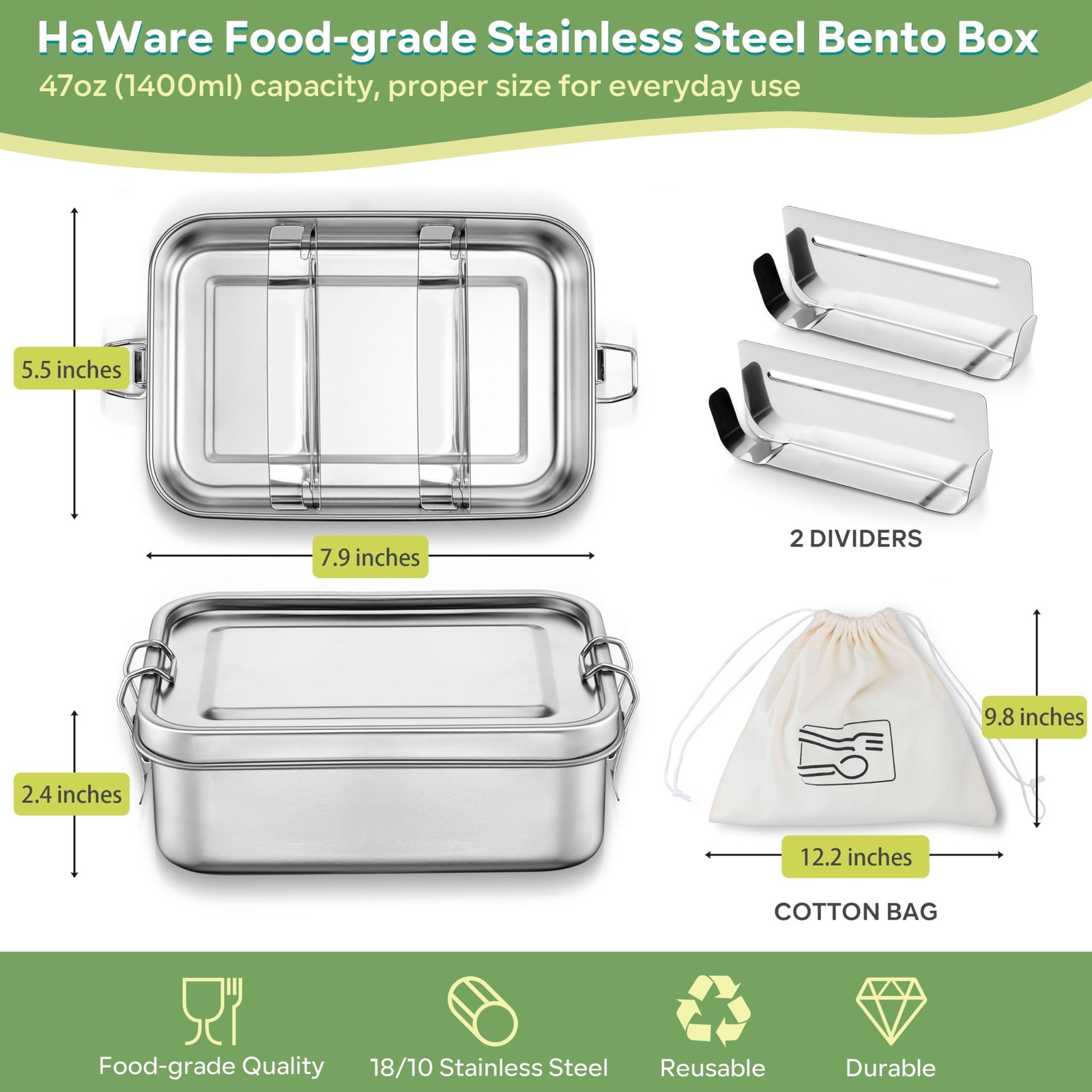 HaWare Stainless Steel Bento Box, 47oz (1400ML) Lunch Box 47 oz, Silver