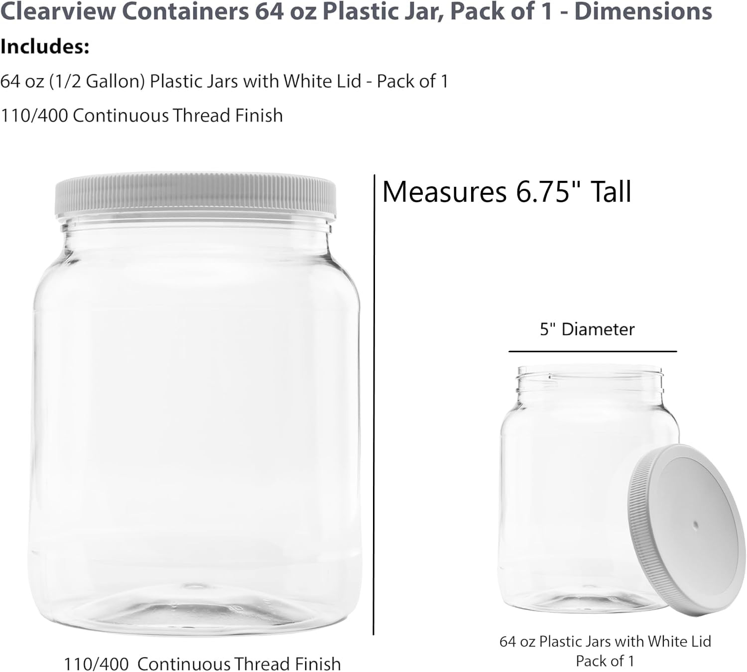 Plastic Storage Jars with Leak Proof Lids, BPA Free, Hand Wash Only (64Oz, 1PK W