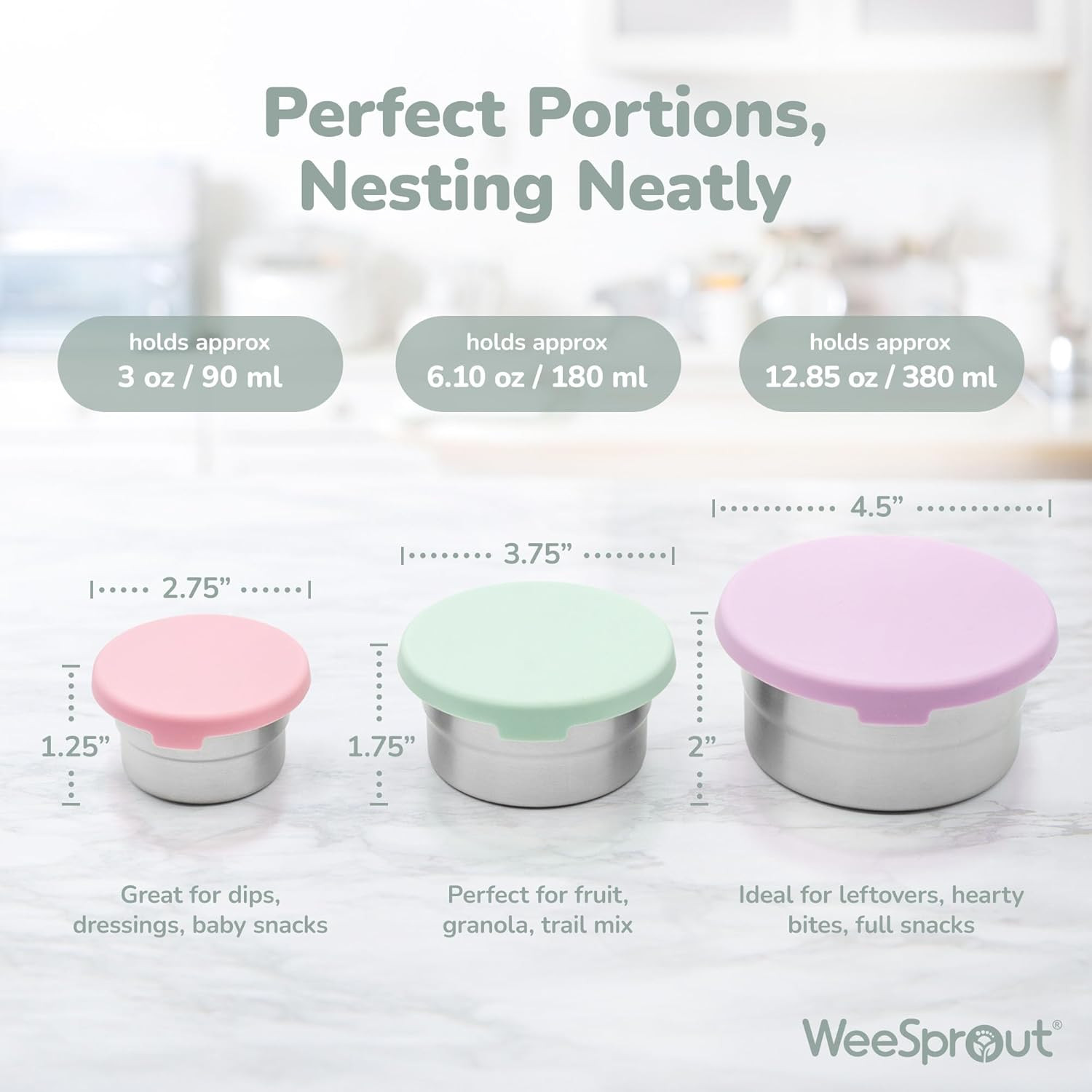 Stainless Steel Food Storage Containers – 3 Pack – 3 Oz, 6.1 Oz, 12.85 Oz with L